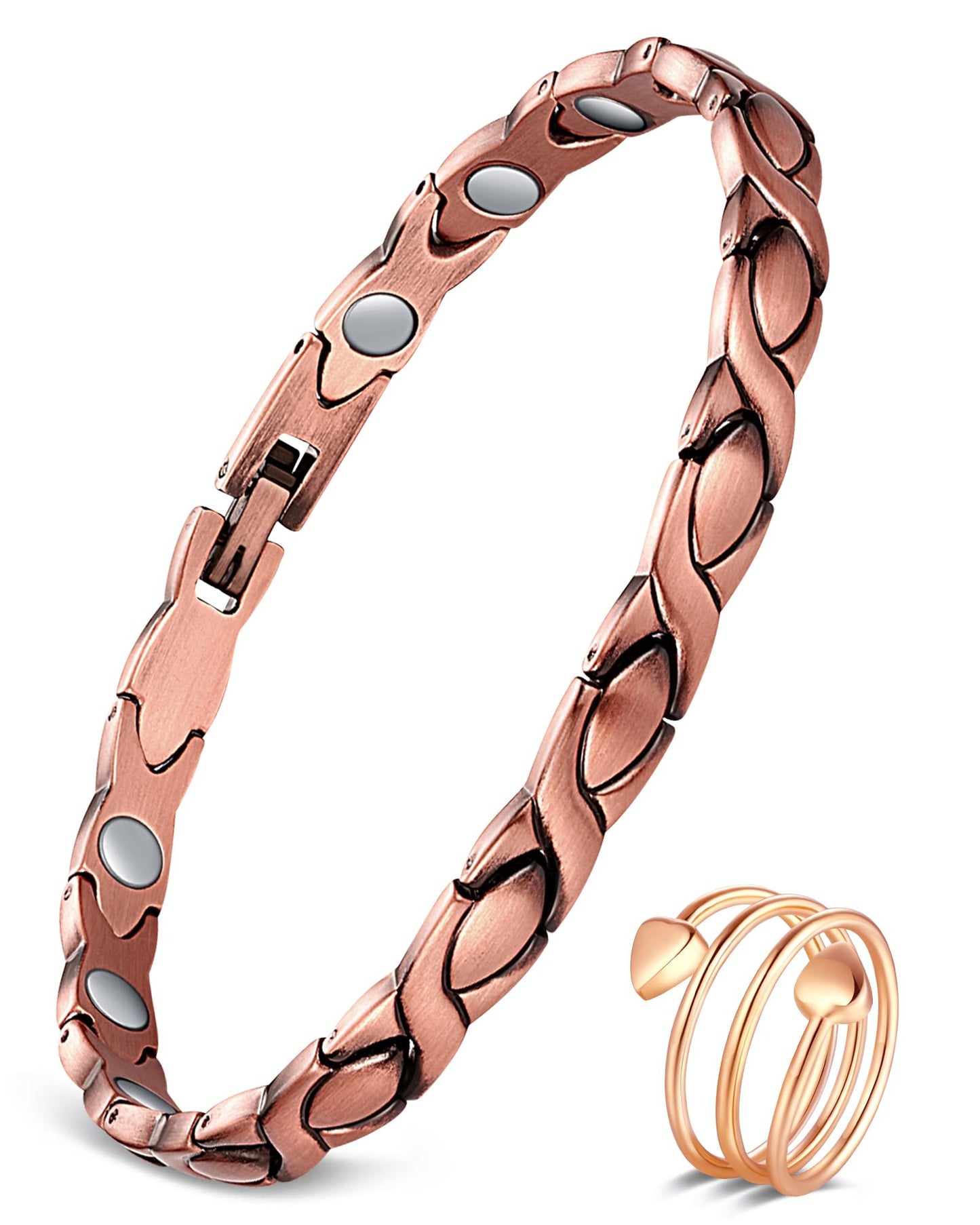 Feraco Copper Bracelet for Women Hand Forged 99.99% Solid Pure Copper Magnetic Wristband with Pro Neodymium Magnets (X Shape with Ring)