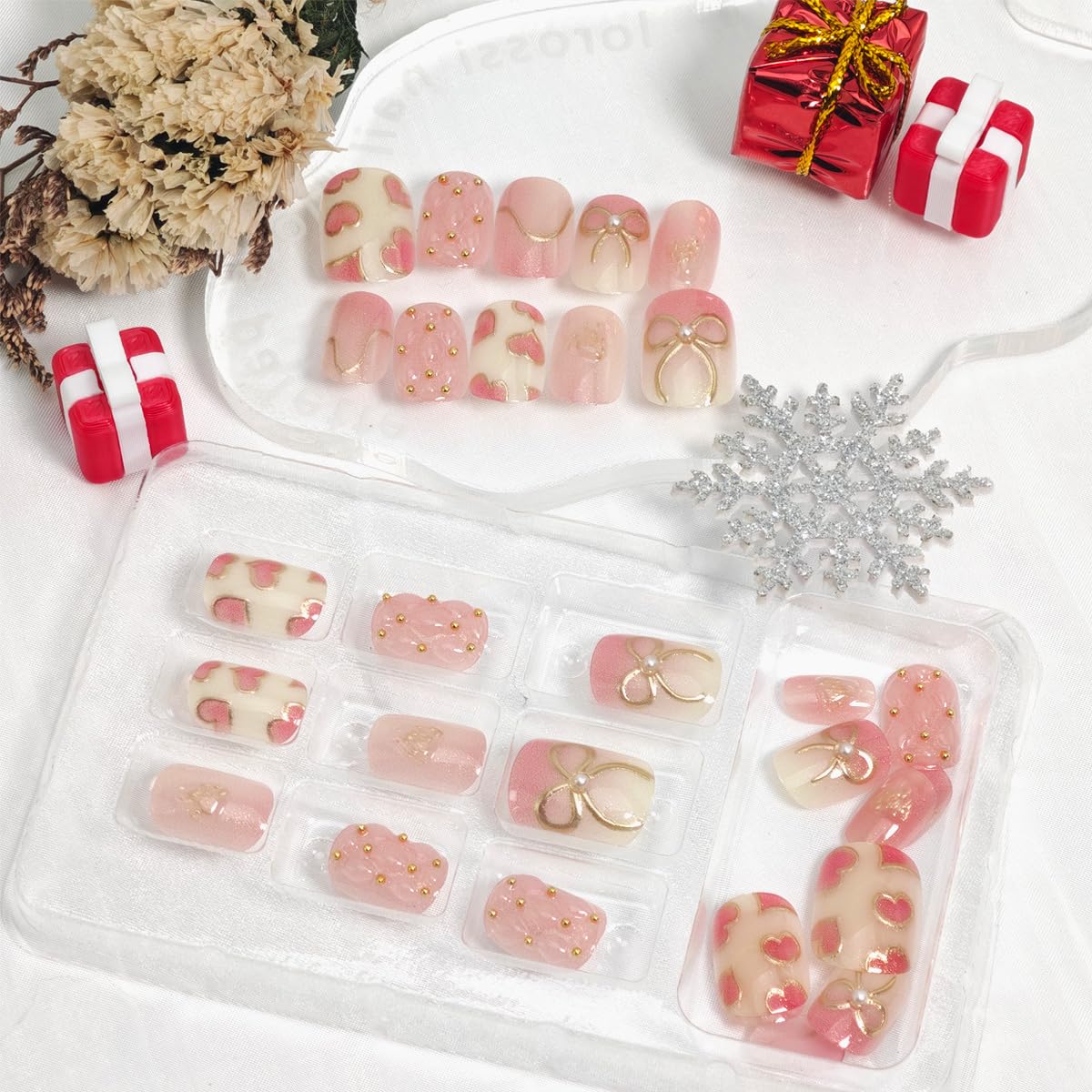 30Pcs Pink Press on Nails Short Almond Heart Fake Nails with Glitter Gold Lines Designs 3D Bead Full Cover Stick on Nail Romantic Valentines False Nails Cute Bow Artificial Glue on Nail for Women DIY