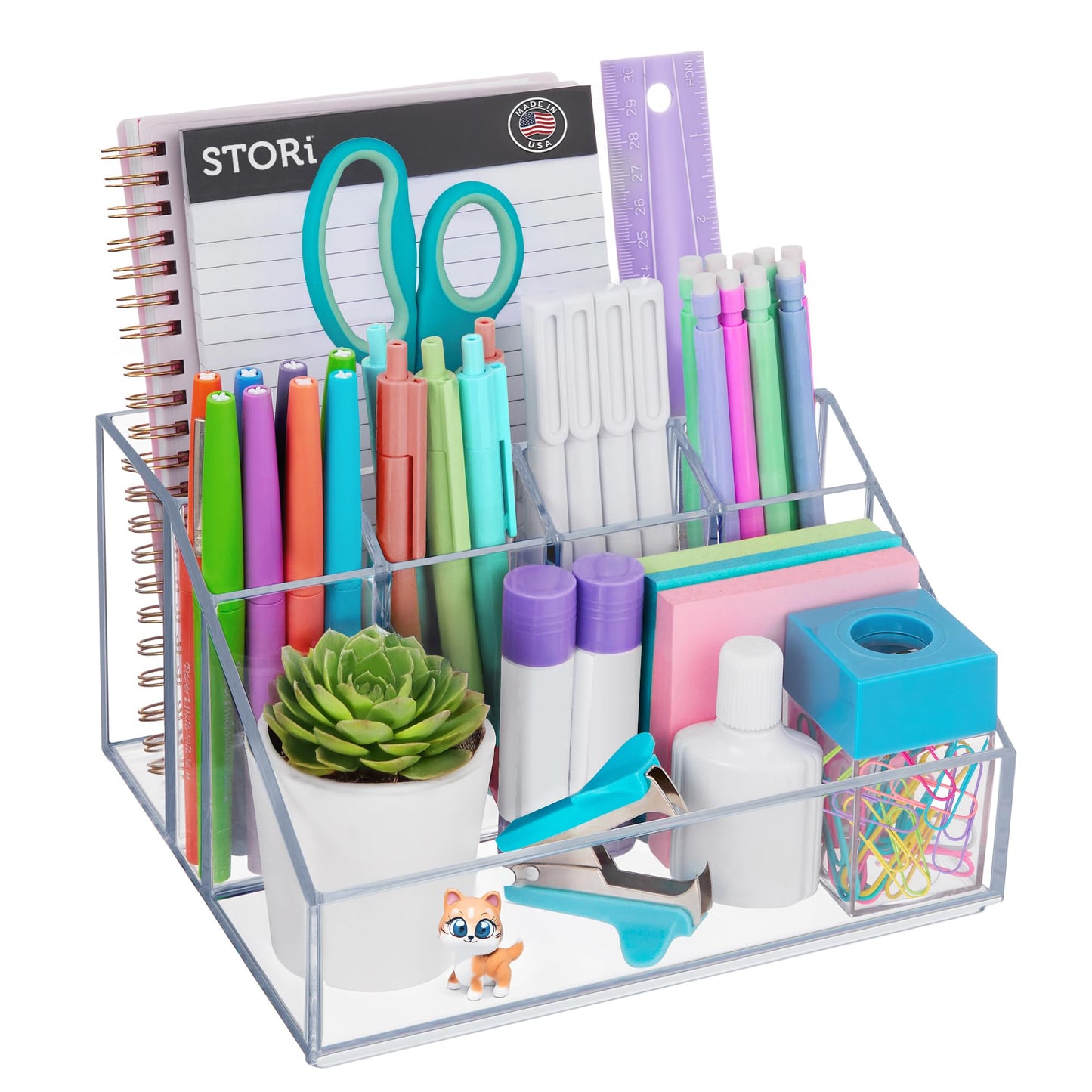 STORi Chloe Clear Plastic Stackable Desk Organizer, Rectangular 6-Compartment Office Supply Holder for Pens, Markers & Notepads, Made in USA