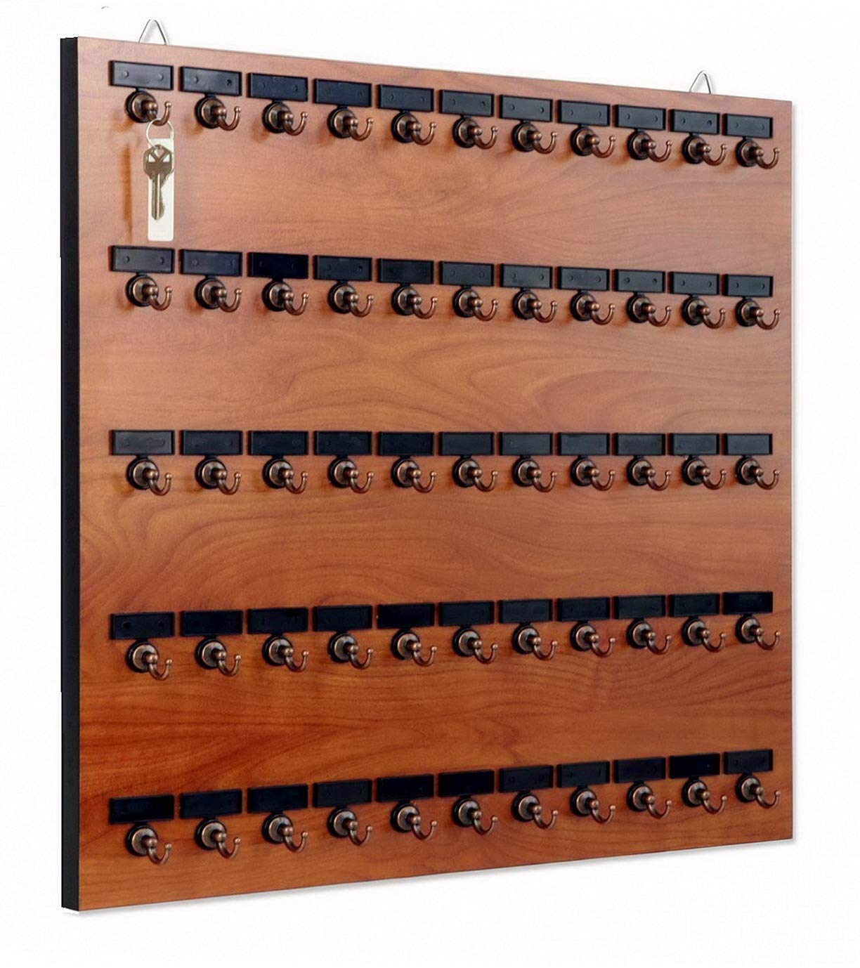 Stand Company Key Rack, Key Holder # 55MCN, Extra Space 55 Bolted Metal Hooks with Customize Nameplate, (60 Sets of Tag & Ring Included) - Made in USA, Gray Wild Cherry