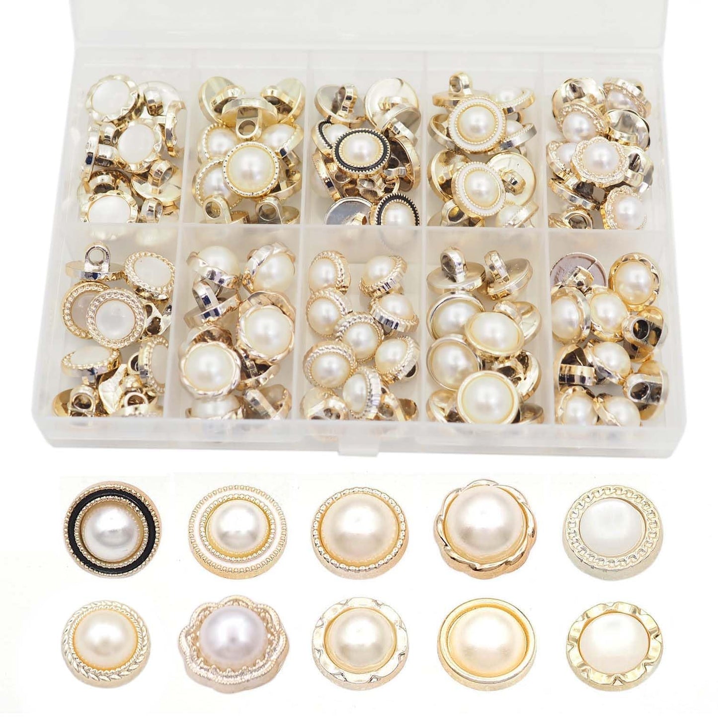 Youmeizer 100PCS(10 Styles) Resin Button Decorated with Artificial Pearls for Crafting· Sewing Replacement·Replacement·Knitting Sweaters Handmade Crafts It's stored in a Plastic Box (Gold)