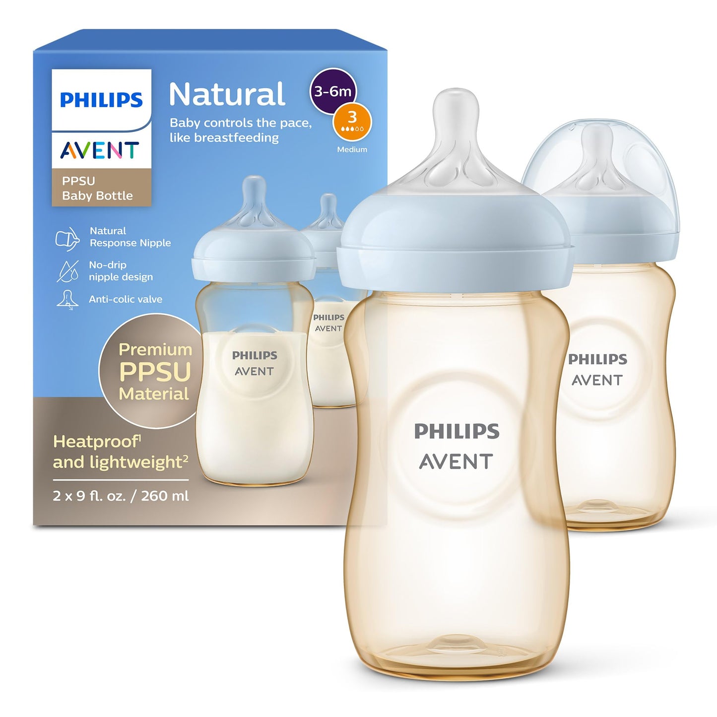 Philips Avent PPSU Natural Baby Bottles - with Medium Flow Nipples (Flow 3), 9oz, 2-Pack, SCY943/12