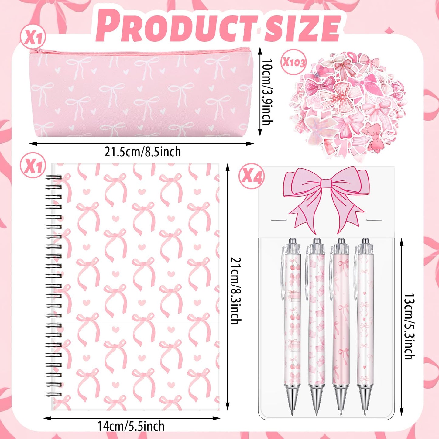 Sayglossy Pink Bow Stationery Gift Coquette School Supplies Set Include Pens Aesthetic Journal Notebook Pencil Case and Stickers Pink Bow Preppy Back to School Supplies for Girl Students