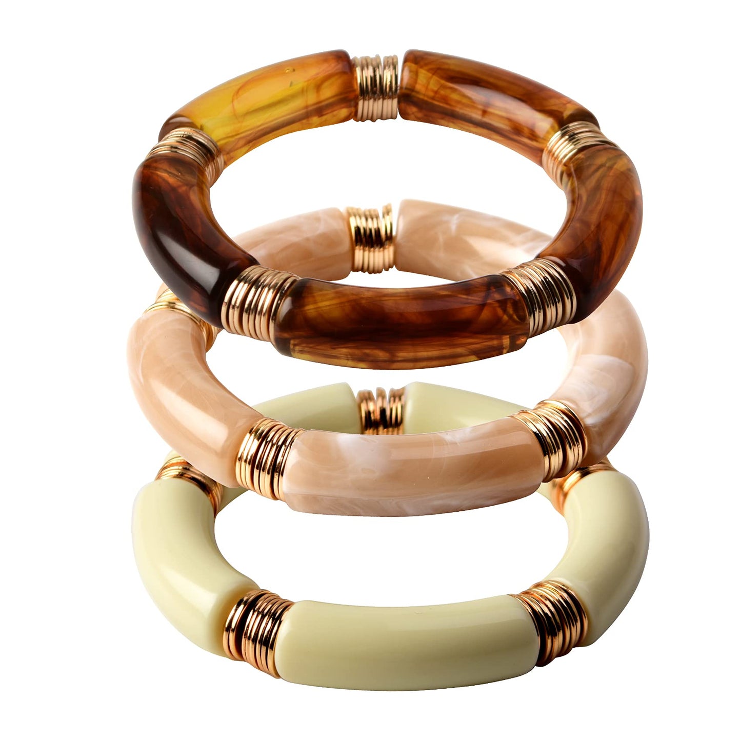 GOOJIDS Simple Beaded Gold Plated Bangles Bracelet Chunky Bamboo Tube Curved Stacking Acrylic Colorful Beads Stretchable Gold Plated Bracelets Set For Women