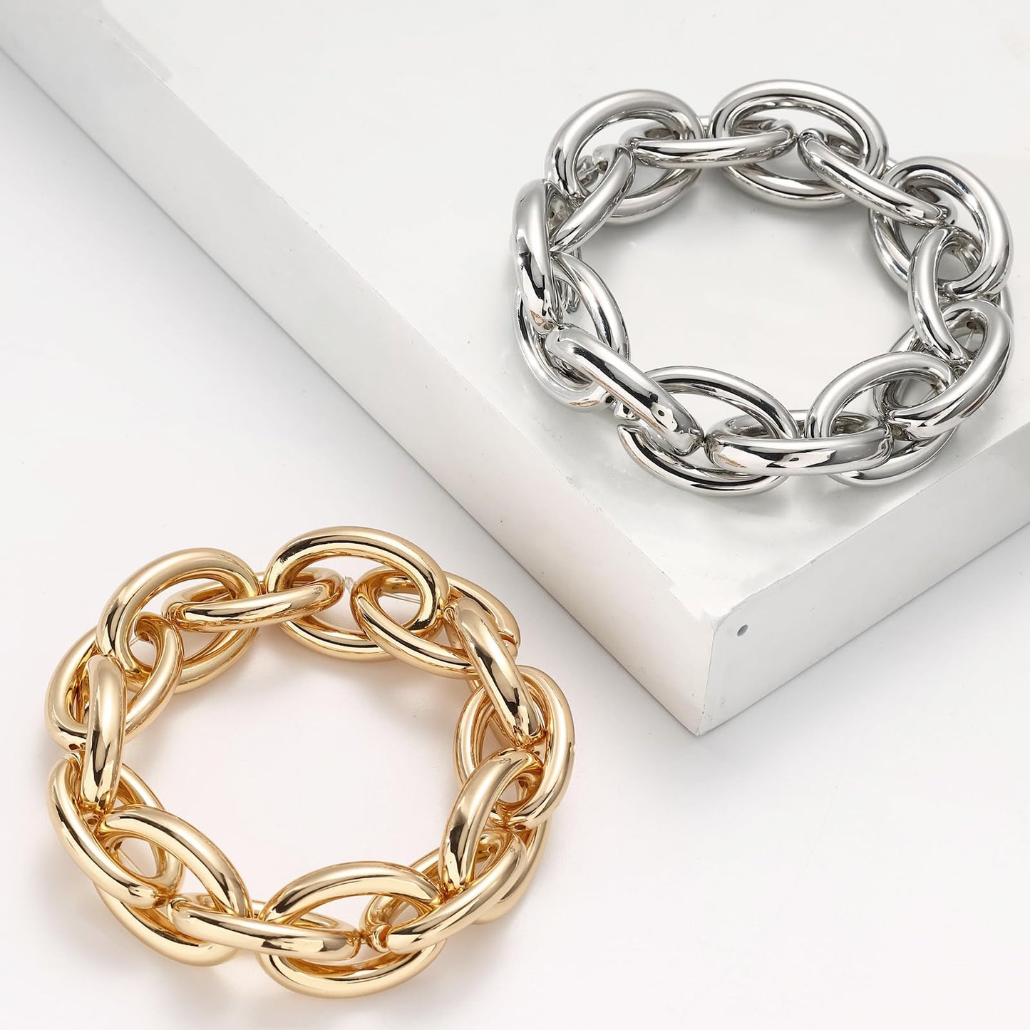 WZJLY Chunky Gold Bracelet for Women Non Tarnish, Trendy Stretch Cuban Link Chain Plated Gold Bangle Bracelets (O-Chain-Silver)
