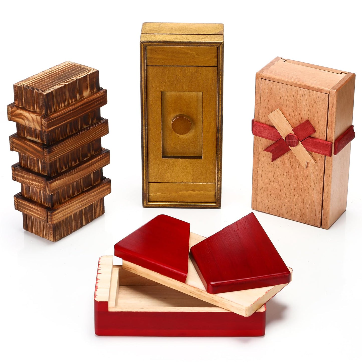Zhanmai 4 Pieces Wooden Puzzle Boxes Gift Card Wooden Puzzle Boxes Money Case Holders Teaser Mysterious Wood Boxes for Christmas Birthday Gift, 4 Styles(Adorable Style)