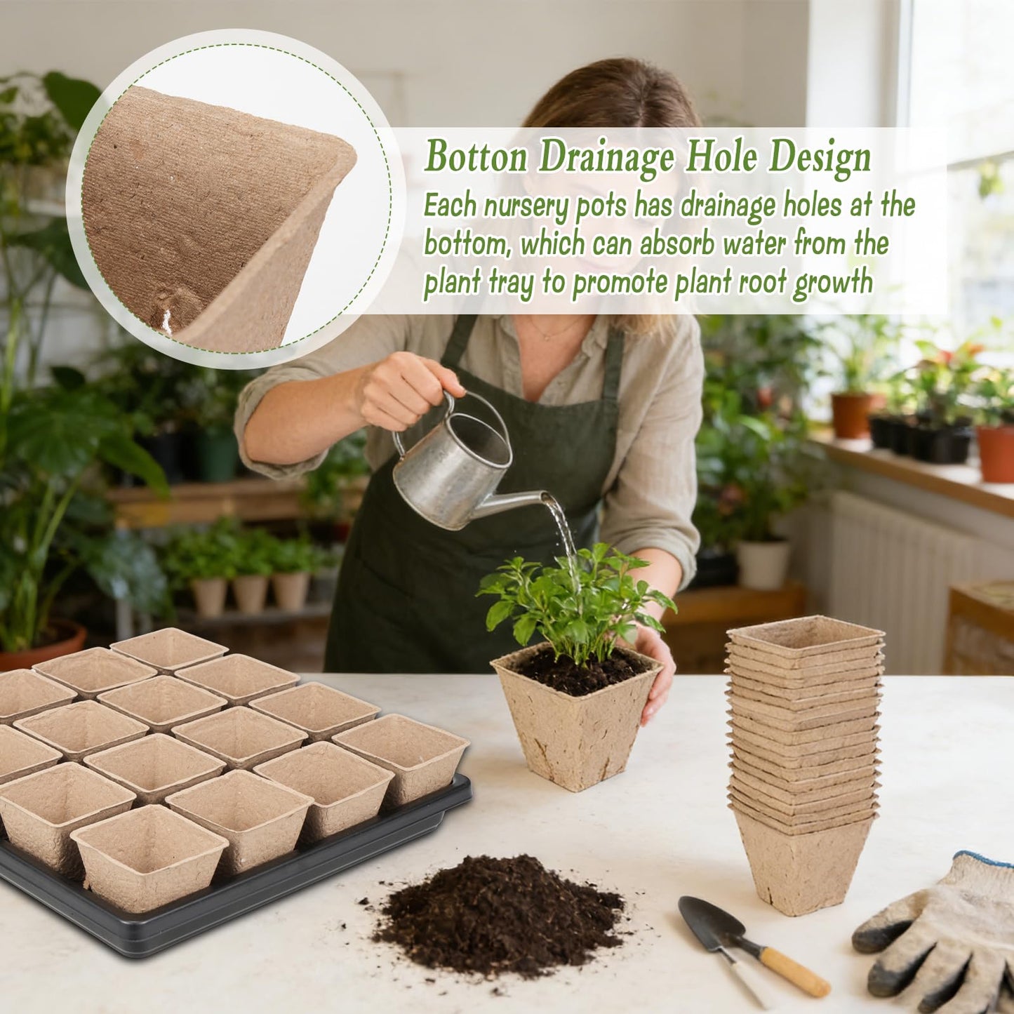 Zoketriton 100 Pcs Square Nursery Pots with Drain Holes and 6 Pcs Plastic Plant Growing Trays and Plant Labels, Seed Starter Kit Propagation Tray Seed Starting Pots for Seedling Plant Growing