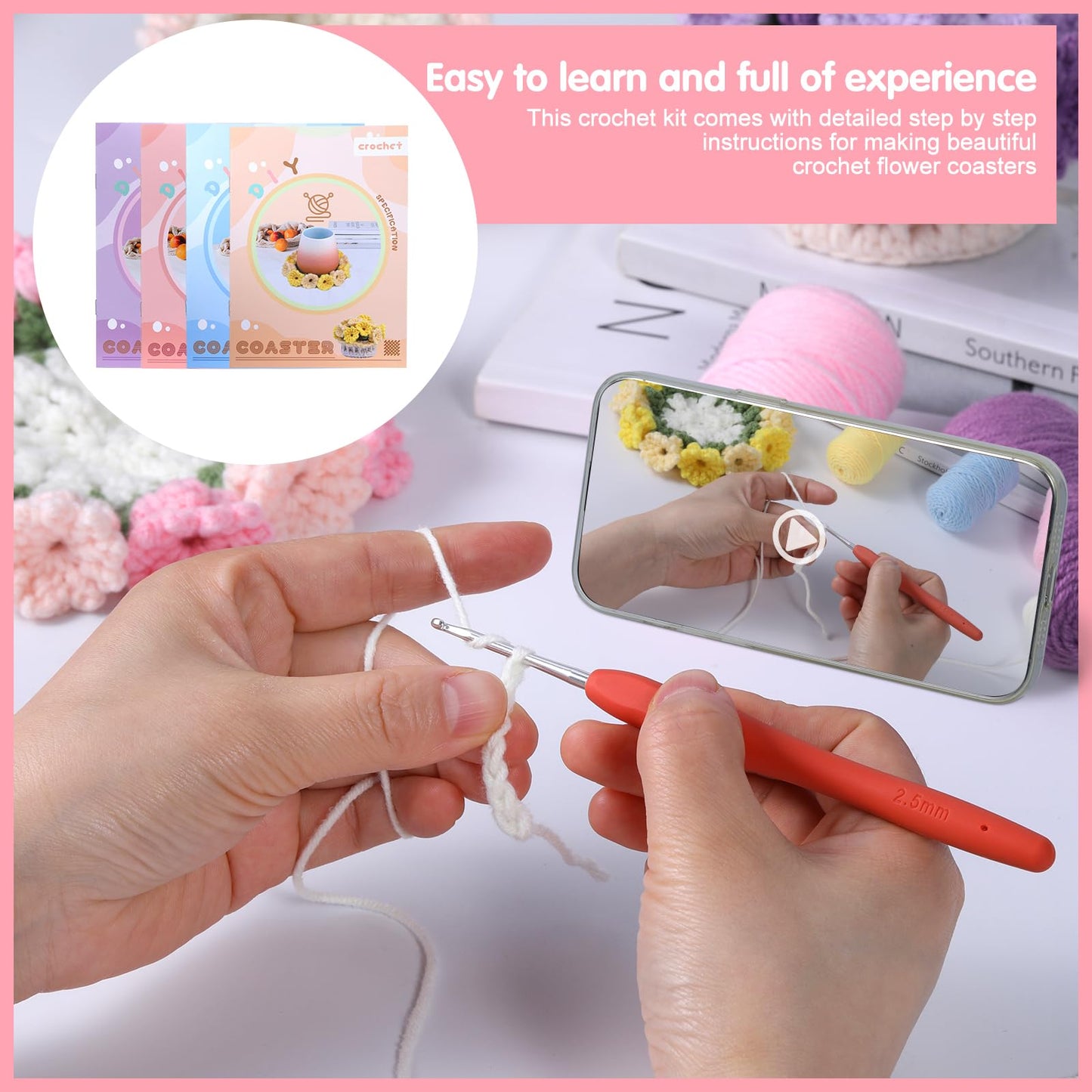 Iuuidu Crochet Kit for Beginners-4PCS Coaster Pot Crochet Kits Coaster Crochet Flower Kit with Crochet Yarns, Hooks, Easy Videos Tutorials to Crochet for Office, Coffee Table, Home Decor