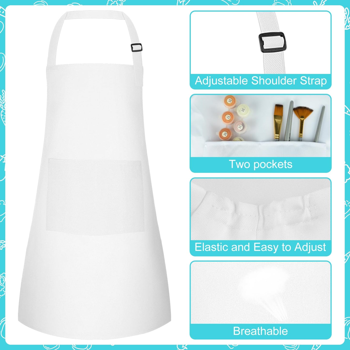 Bouiexye 5 Set Kids Apron and Chef Hat Set Children Apron Adjustable with 2 Pockets Children Chef Painting for Cooking Baking Painting Crafts Making (White