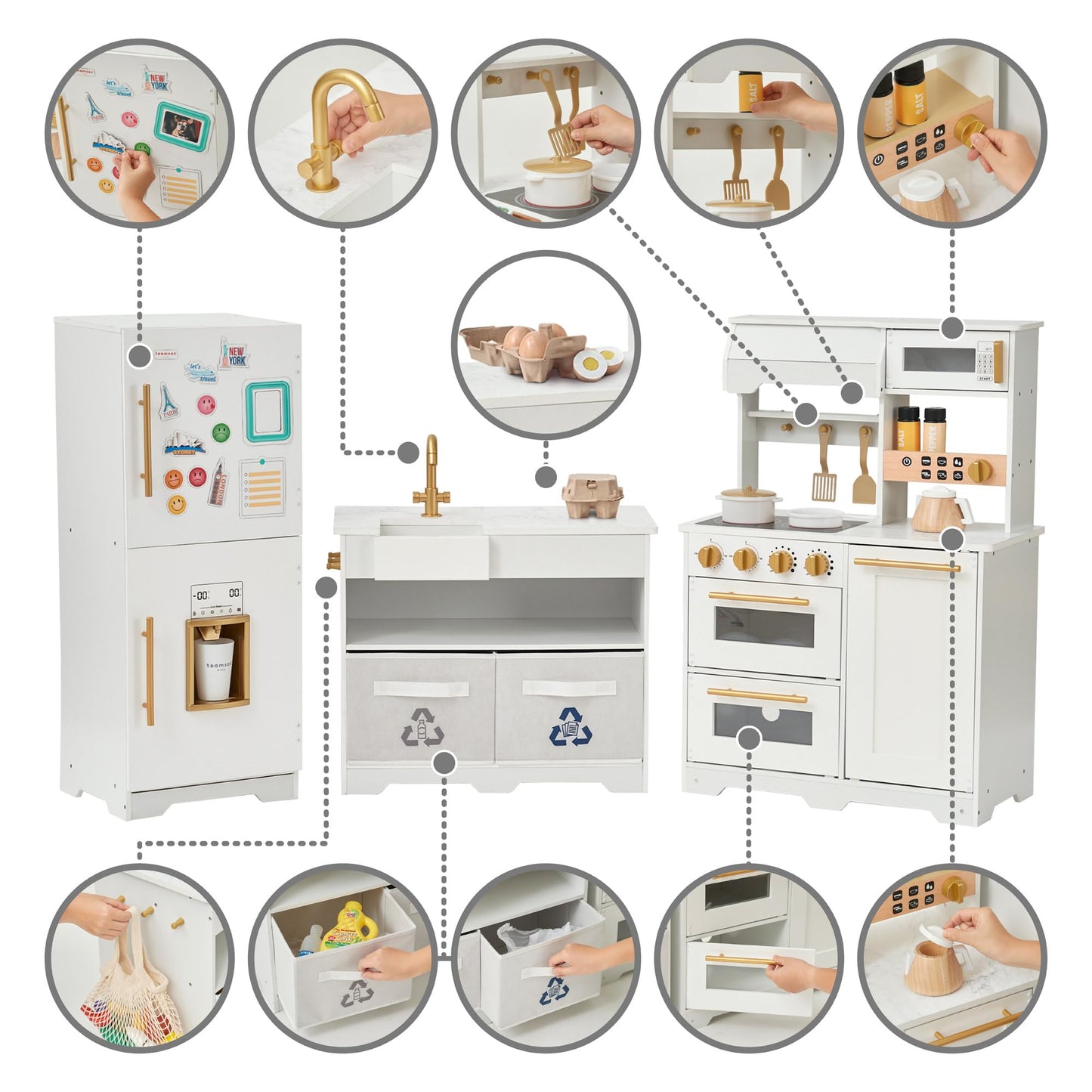 Teamson Kids Little Chef Atlanta Modular Wooden Play Kitchen, 3-Piece Set with Realistic Features & 17 Accessories, White/Gold, Interactive Toy for Toddlers & Kids, Cocina de Juguete