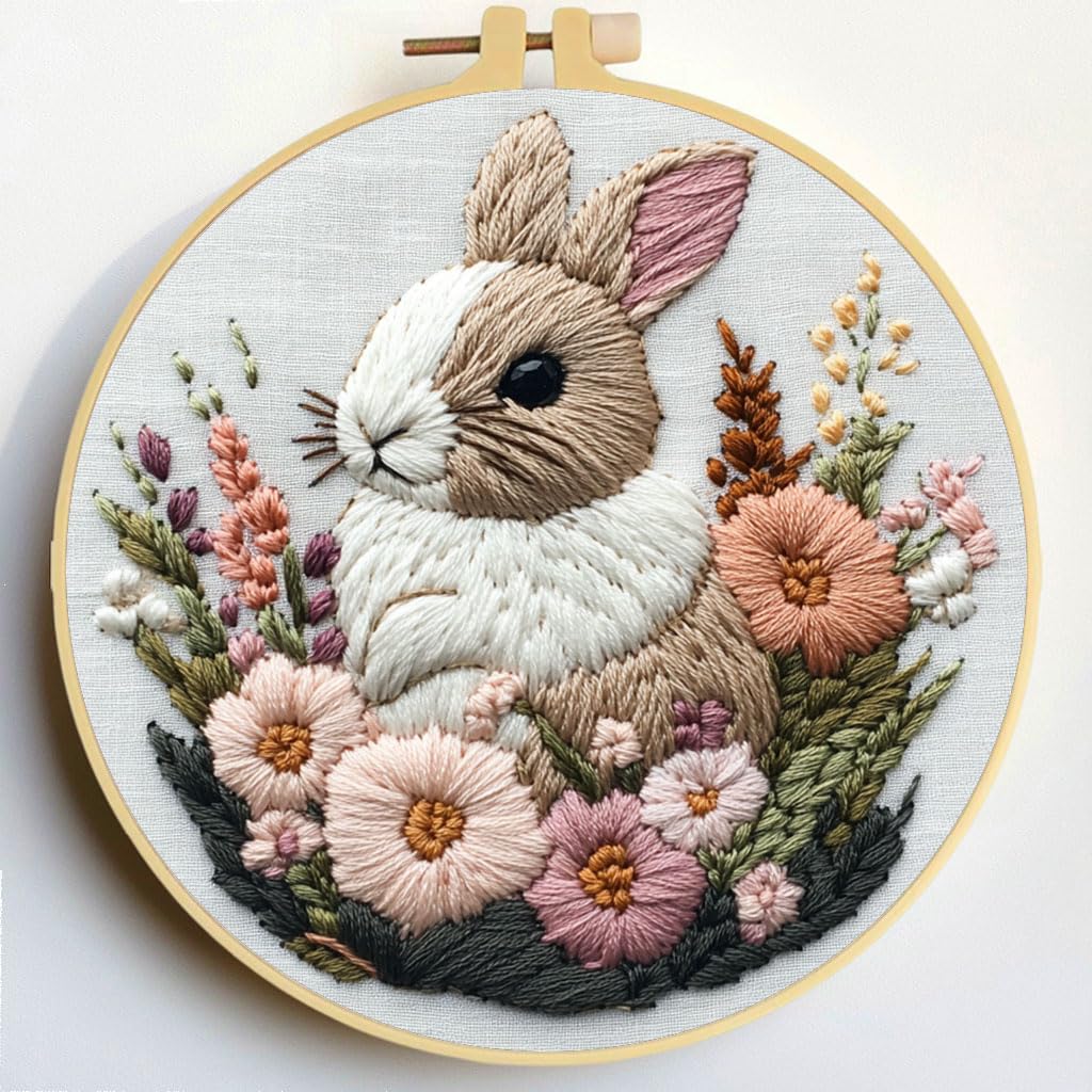 Punch Needle Kits Rabbit in Flowers Embroidery Starter Set with Hoop Easy for Beginners DIY Stress Relief Handmade Craft Hobby and Home Decor 20x20cm-2