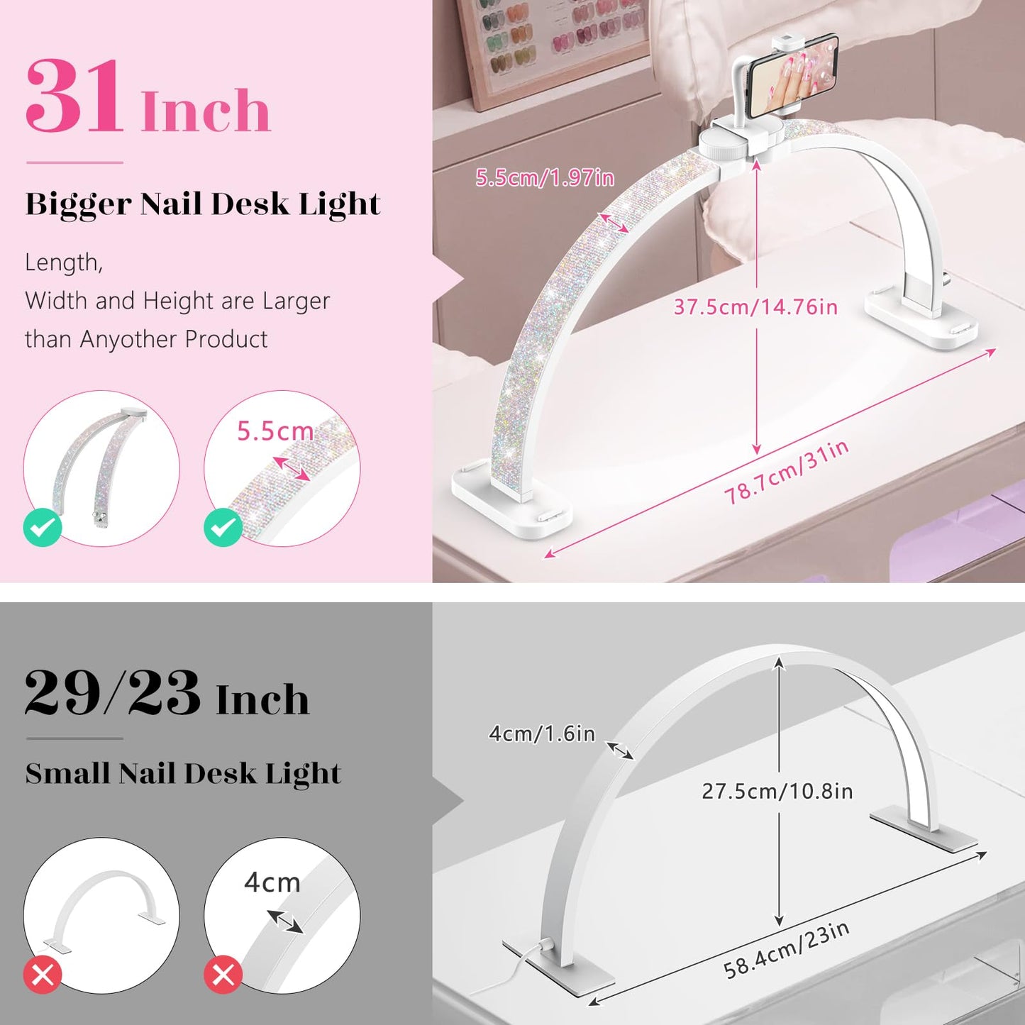 LIONVISON Half Moon Light for Nail Desk: 31-inch Manicure Table Light with Phone Holder for Beginner DIY - 48W Professional Half Moon Lamp for Nail Tech,Eyelash,Makeup,Tattoo