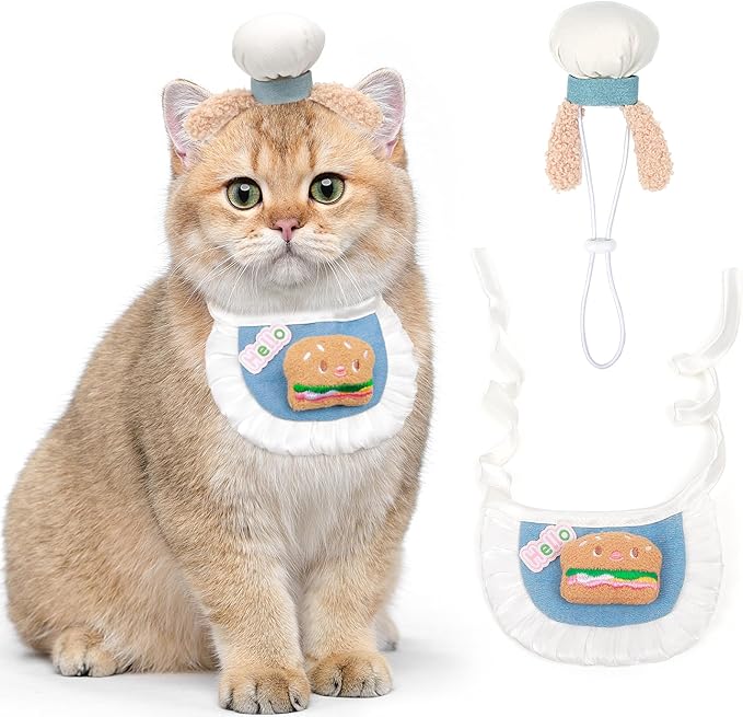 HOWWFALY Adorable Cat Princess Costume Blue Cat Beret with Little Heart & Lace Rabbit Bib Scarf Set, Adjustable Pet Costume for Halloween Christmas Birthday Parties