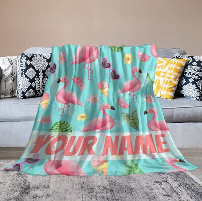 Custom Flamingo Blankets Gifts with Name - 50 x 60 Inches Cute Throw for Teens - Green Fluffy Warm Cozy Flamingo Blankets for Couch