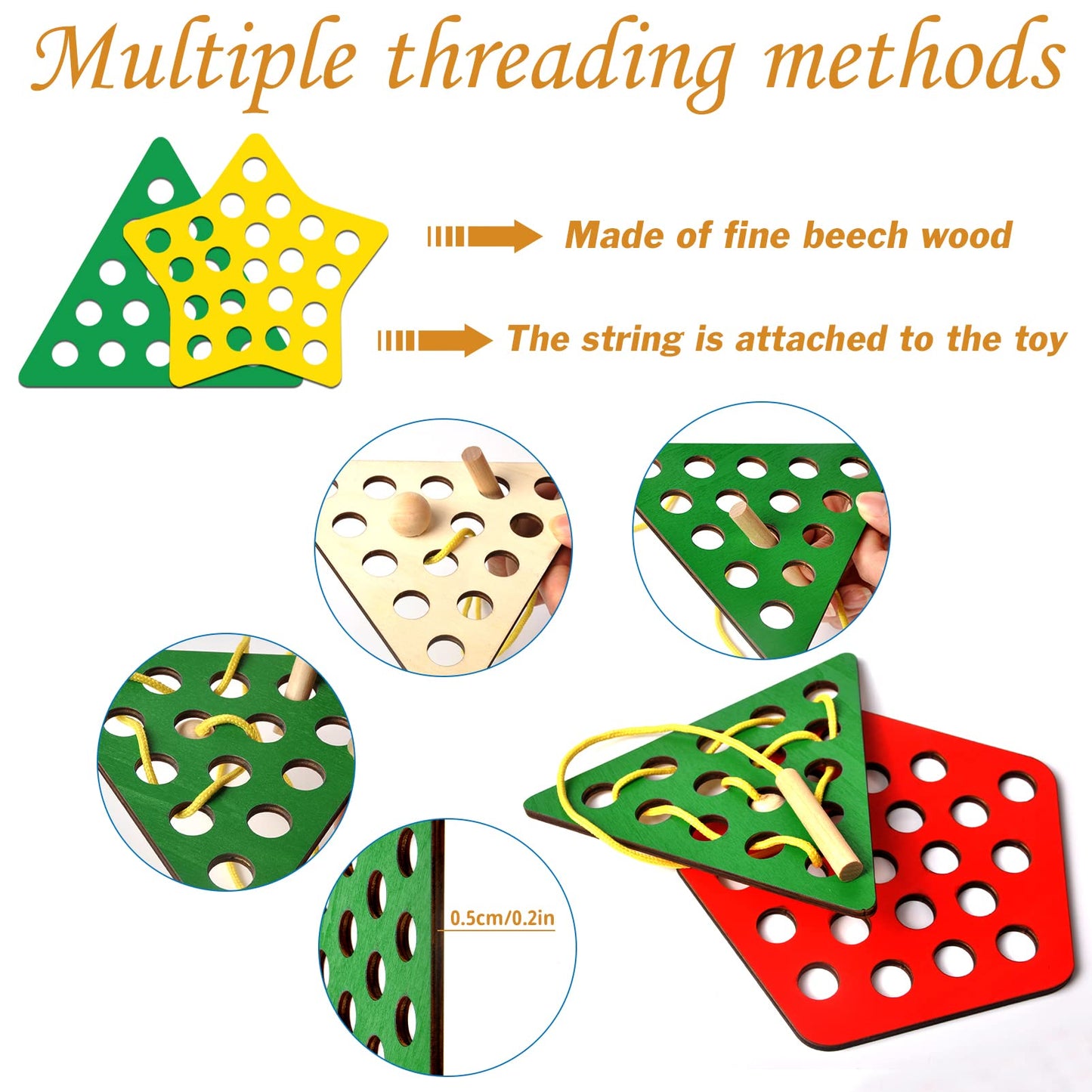 6 Pcs Lacing Toy Toddlers, Geometric Wooden Threading Toys, Educational and Learning Montessori Activity Baby and Kids, Fine Motor Skill Toys