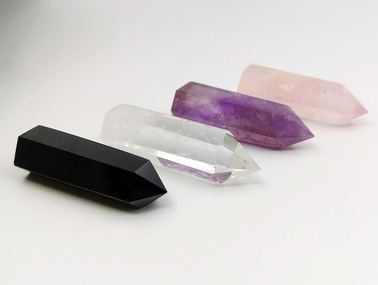 Set of 4 Healing Crystal Wands | Amethyst Crystal, Clear Quartz Crystal Wand & Rose Quartz Crystal Points,Black Obsidian| 6 Faceted Reiki Chakra Meditation Therapy