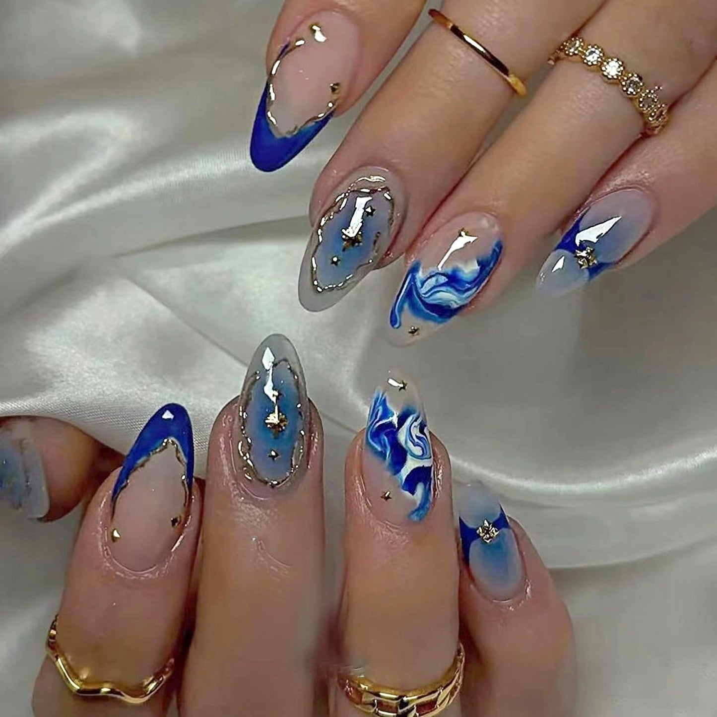 MISUD Press on Nails - Medium Almond Fake Nails with Summer Beach Acrylic Blue Ombre Design 24 pcs
