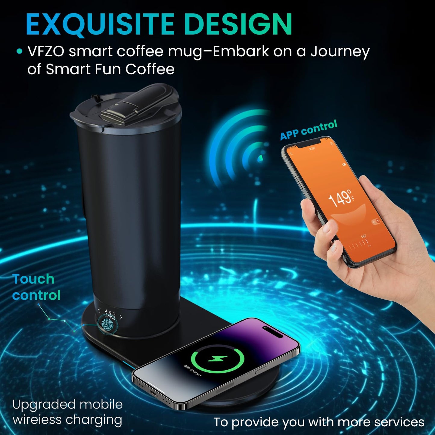 VFZO Temperature Control Heated Travel Mug Smart Self Heating Coffee Mug 20 Oz App Controlled LED Display coffee serving sets mug kept at a constant temperature for 4-10 hours (Black, 20 oz)