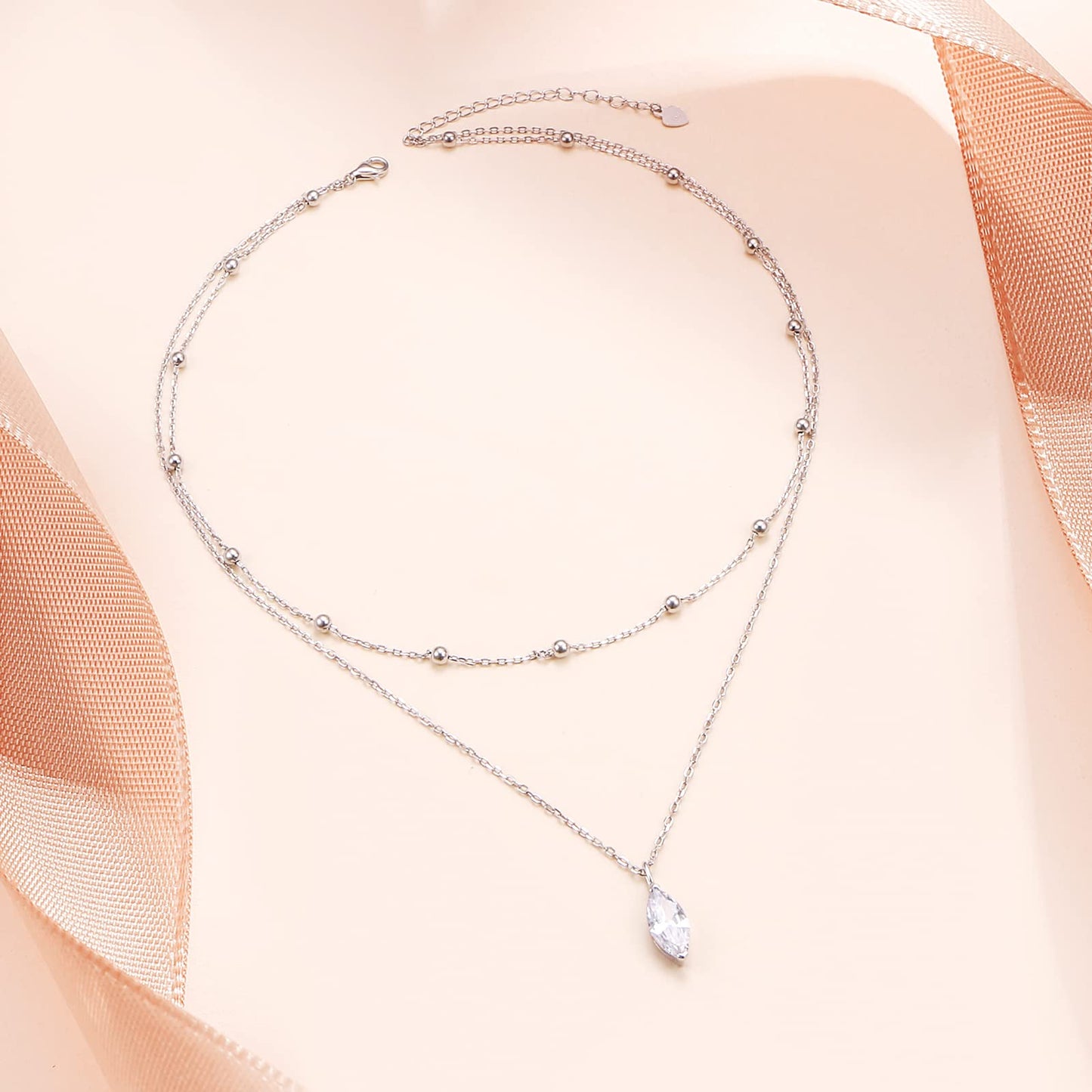FLYOW Adjustable Layered Choker Necklace Cubic Zirconia Marquise Pendant Sterling Silver Solitaire Necklaces for Women Sisters Birthday Gifts