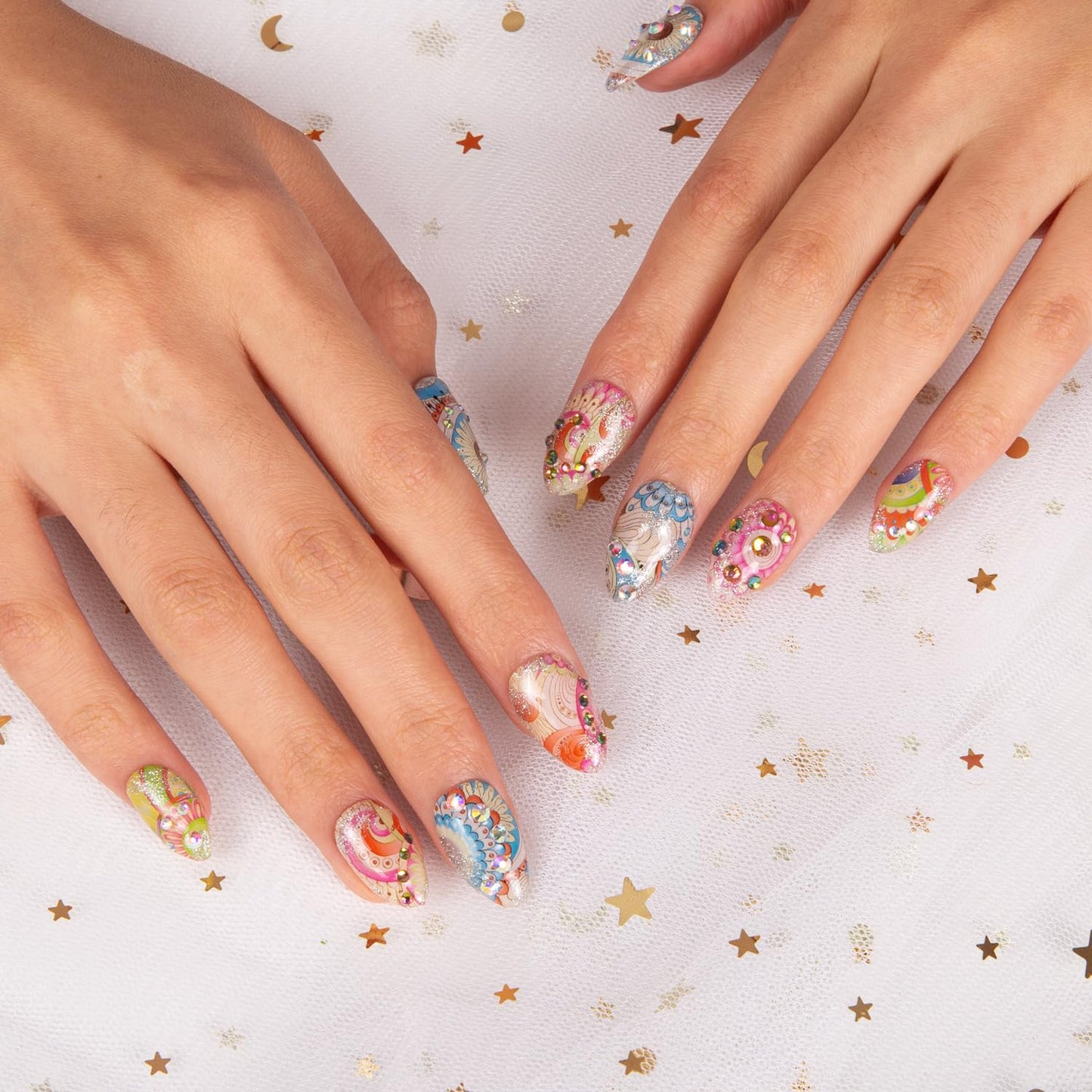 LOVFUL Press on Nails Boho Rhapsody | Handmade with Full Covered Crystals | Reusable Fake Nails | Almond Short 0.8 in | H57-M