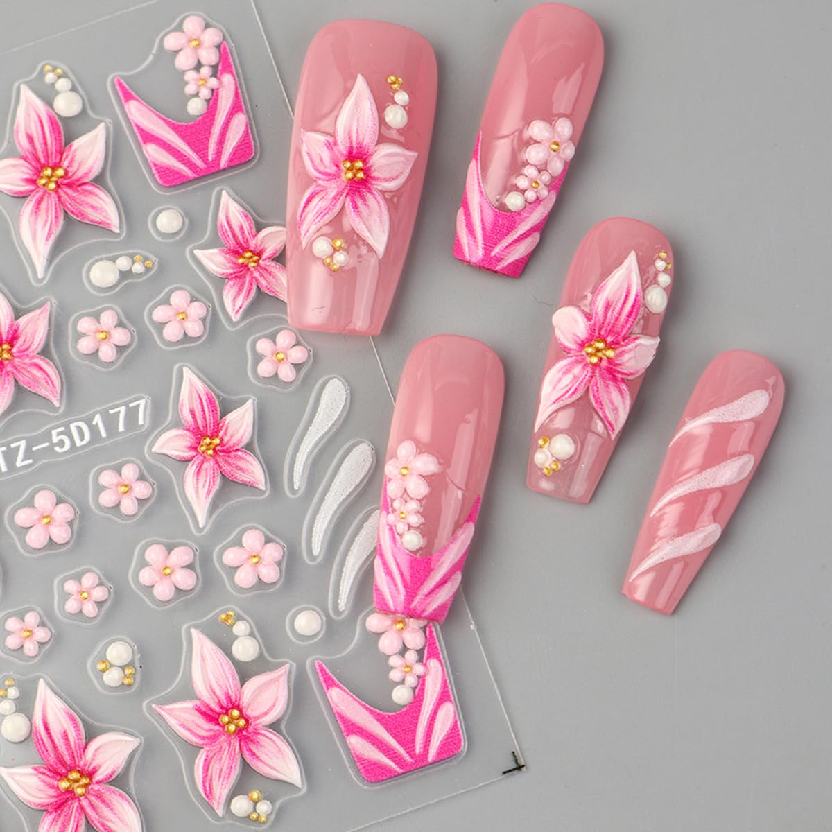 4Psc Summer Flower Nail Art Stickers 5D Embossed Self-Adhesive Hawaiian Floral Nail Stickers Hibiscus Flowers Nail Decals French Design Nail Decoration Supplies for Women DIY Manicure