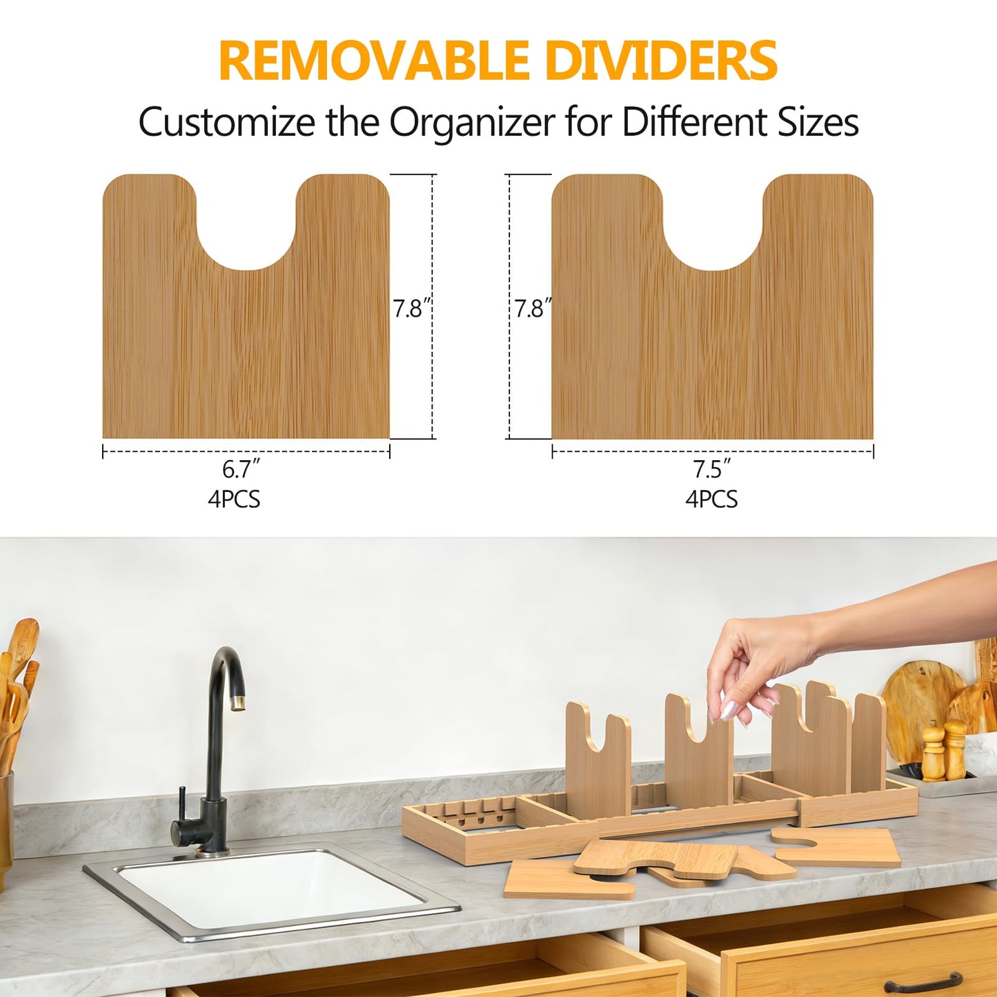 FoverOne Expandable Pot Lid Organizer, Bamboo Pot and Pan Organizer for Under Cabinet, 16" to 28" Adjustable Length and 8pcs Dividers