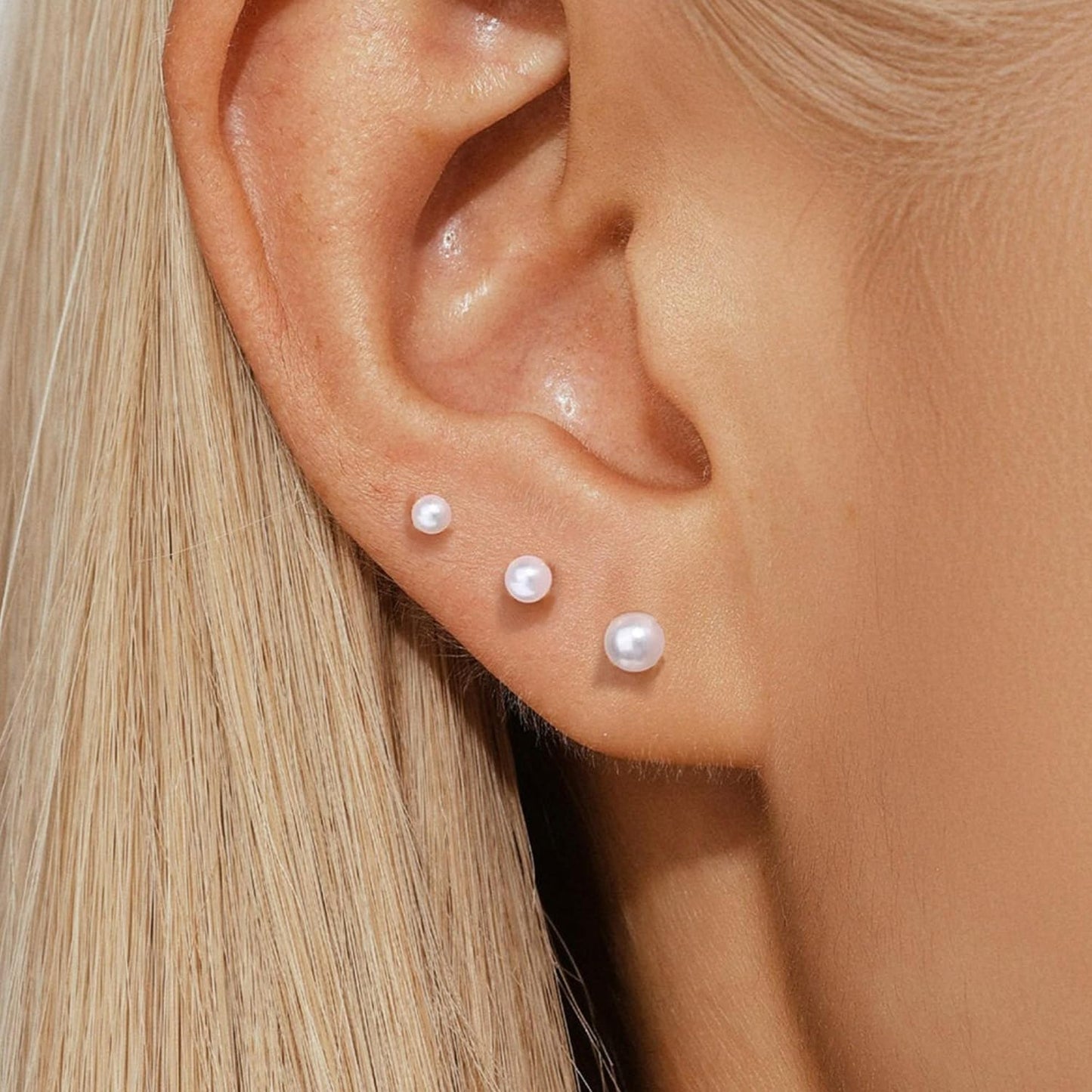 Gold Pearl Stud Earrings for Women Flat Back, 20G Hypoallergenic Surgical Steel Piercing Studs for Sensitive Ear, Lightweight Shiny Earrings Studs for Helix Tragus Cartilage Multiple Piercing