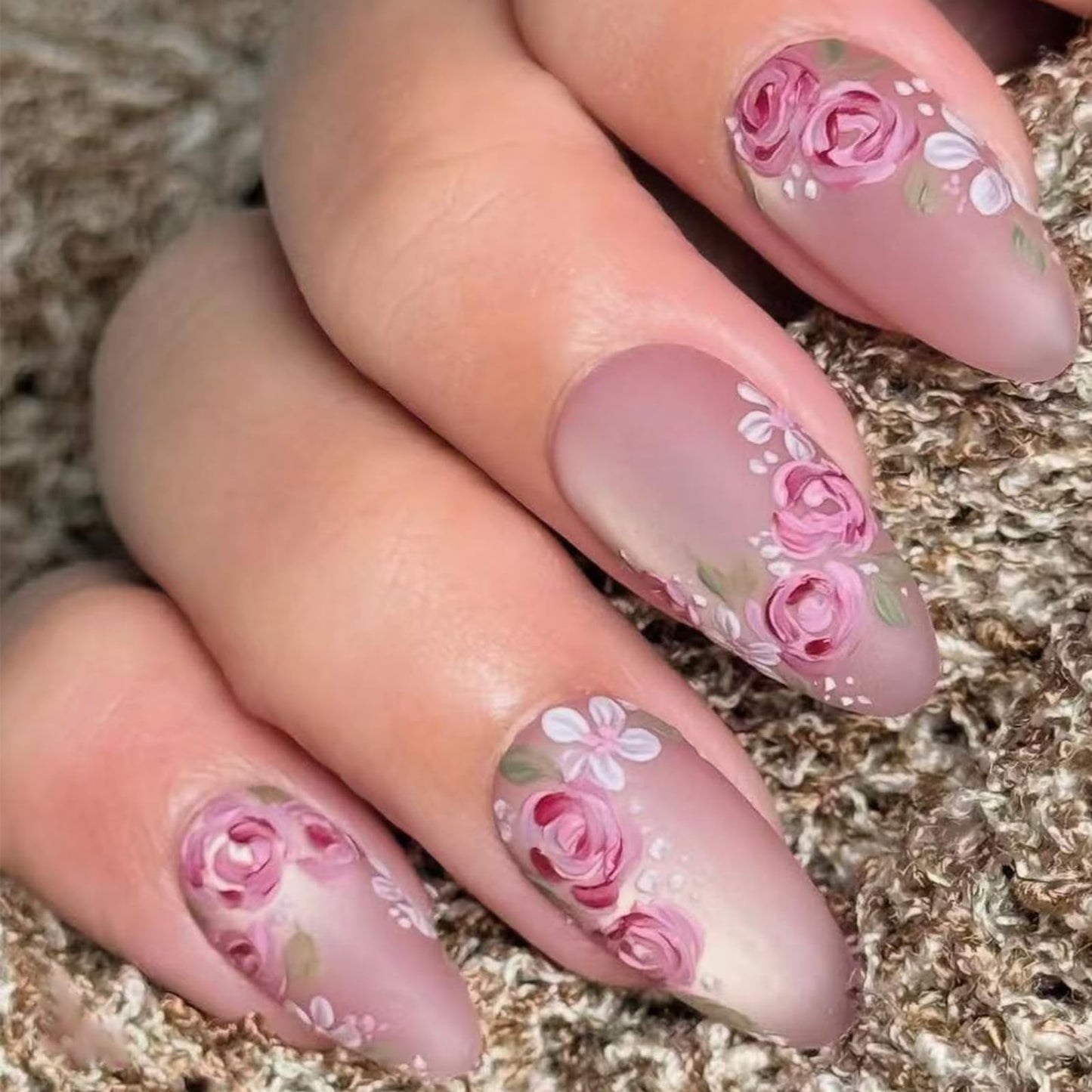 Spring Summer Press on Nails Almond Medium Fake Nails with Designs Pink Purple Flower Stick on Nail Matte Acrylic False Nail Cute Artificial Nail Full Cover Glue on Nails for Women 24Pcs