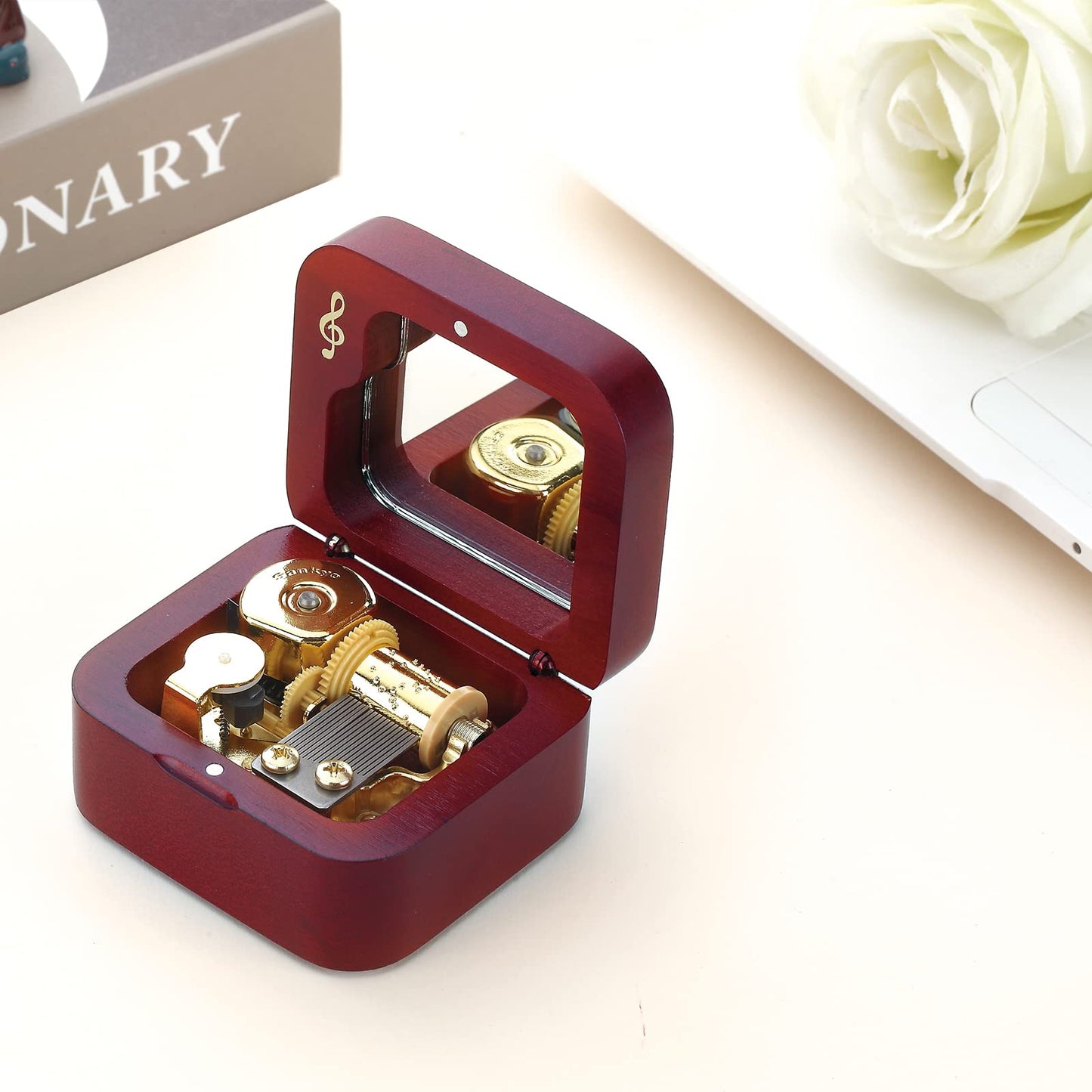 JYmusic Natural Solid Wood Clockwork Square Note Octave Box with Pause and Play Function, Gift for Birthday/Mother's Day/Children's Day/Valentine's Day/Christmas, Wine-red.