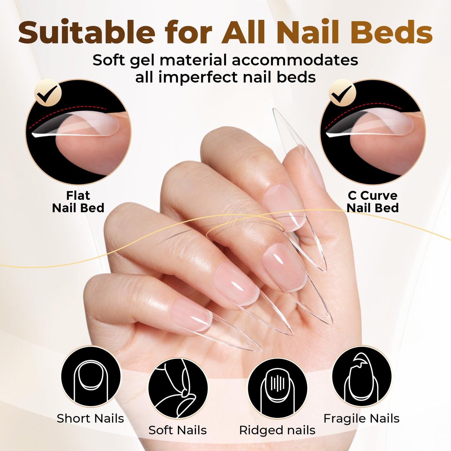 UNA GELLA Long Stiletto Nail Tips 504PCS, Full Cover Pre-Etched Long Stiletto Almond Clear Fake Nails Tips, Sturdy Acrylic Press on Nails, No C Curve Soft Gel Tip for DIY Nail Extension kit 12 Sizes