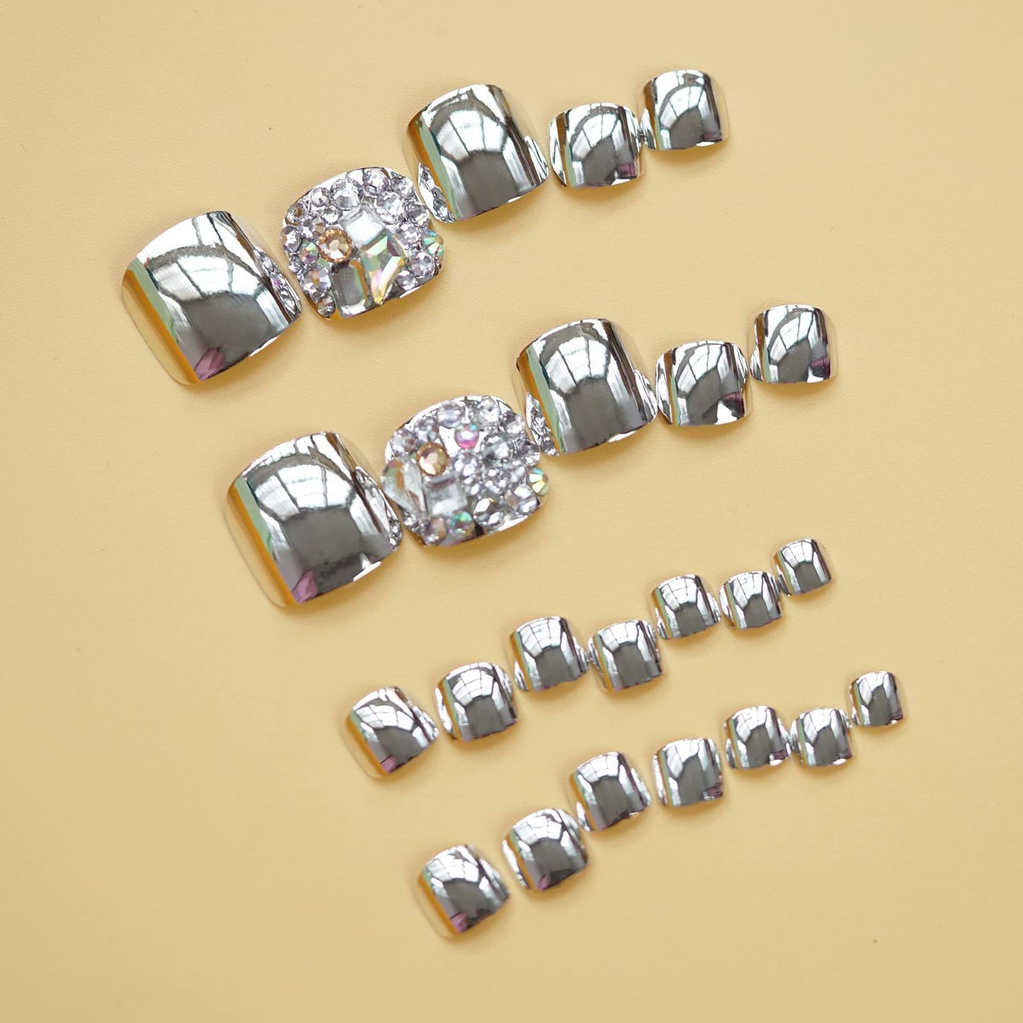 MISUD Press on Nails - Toe Glue on Nails with Silver Chrome, Acrylic Toenails Rhinestone Design 24 pcs