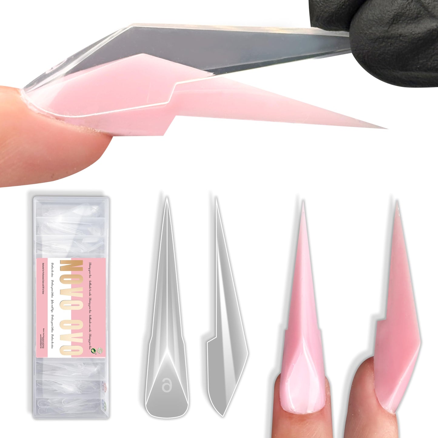 NOVO OVO XXXXL Dual Nail Forms Stiletto - 140Pcs Mechanical Dragon Claw Polygel Molds, 3D 4XL Extra Long Reusable Upper Forms for Sandwish Acrylic Extension (14 Sizes, 60mm Clear PMMA Scale)
