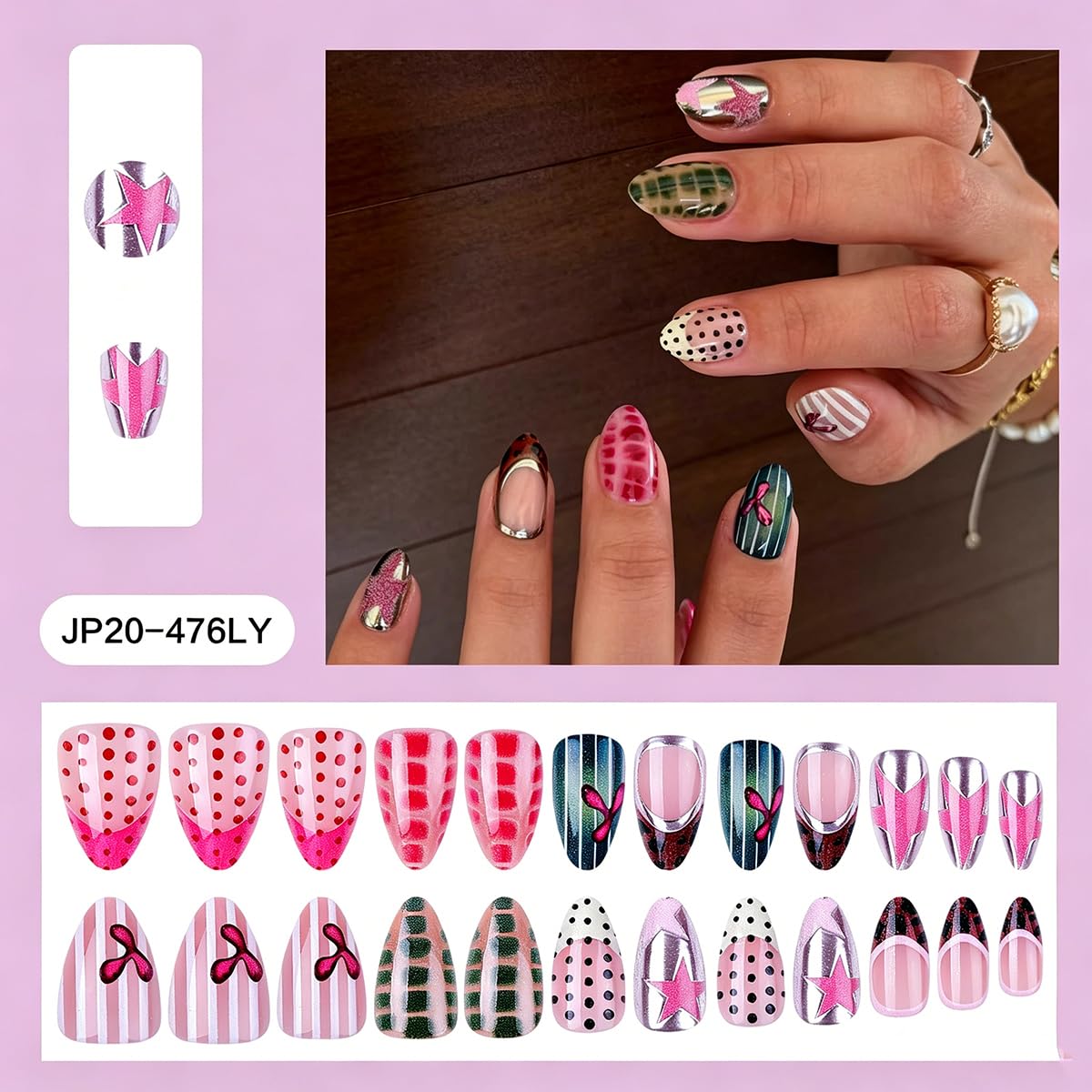 Medium Almond Press on Nails Y2K Mixed Print Fake Nails Reusable Glossy Acrylic False Nails Press ons for Women Manicure Kit 24Pcs