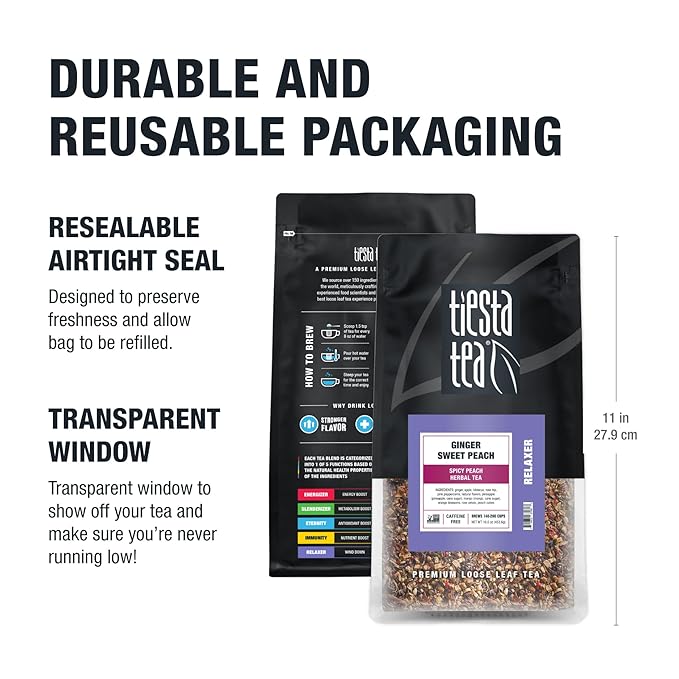 Tiesta Tea - Ginger Sweet Peach, Spicy Peach Herbal Tea, Tranquility Blend, Loose Leaf, Non-Caffeinated Hibiscus & Cane Sugar, Brews Up to 200 Cups, 16oz Bulk Pouch