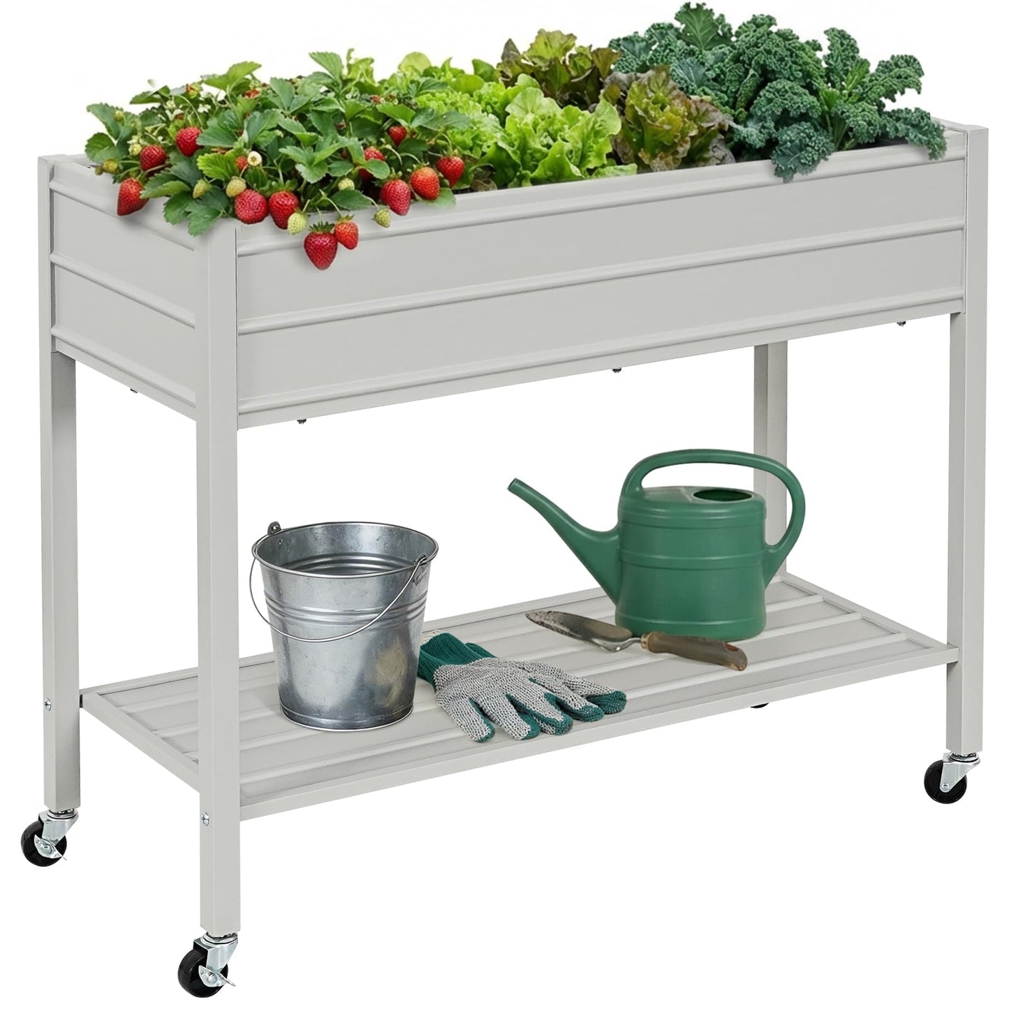 ZORMY 32" Tall Galvanized Raised Garden Bed with Legs Wheels & Shelf, Elevated Planter Box Outdoor for Vegetables, Herbs & Flowers, Patio & Backyard, Garden Bed with 400lb Capacity，Grey