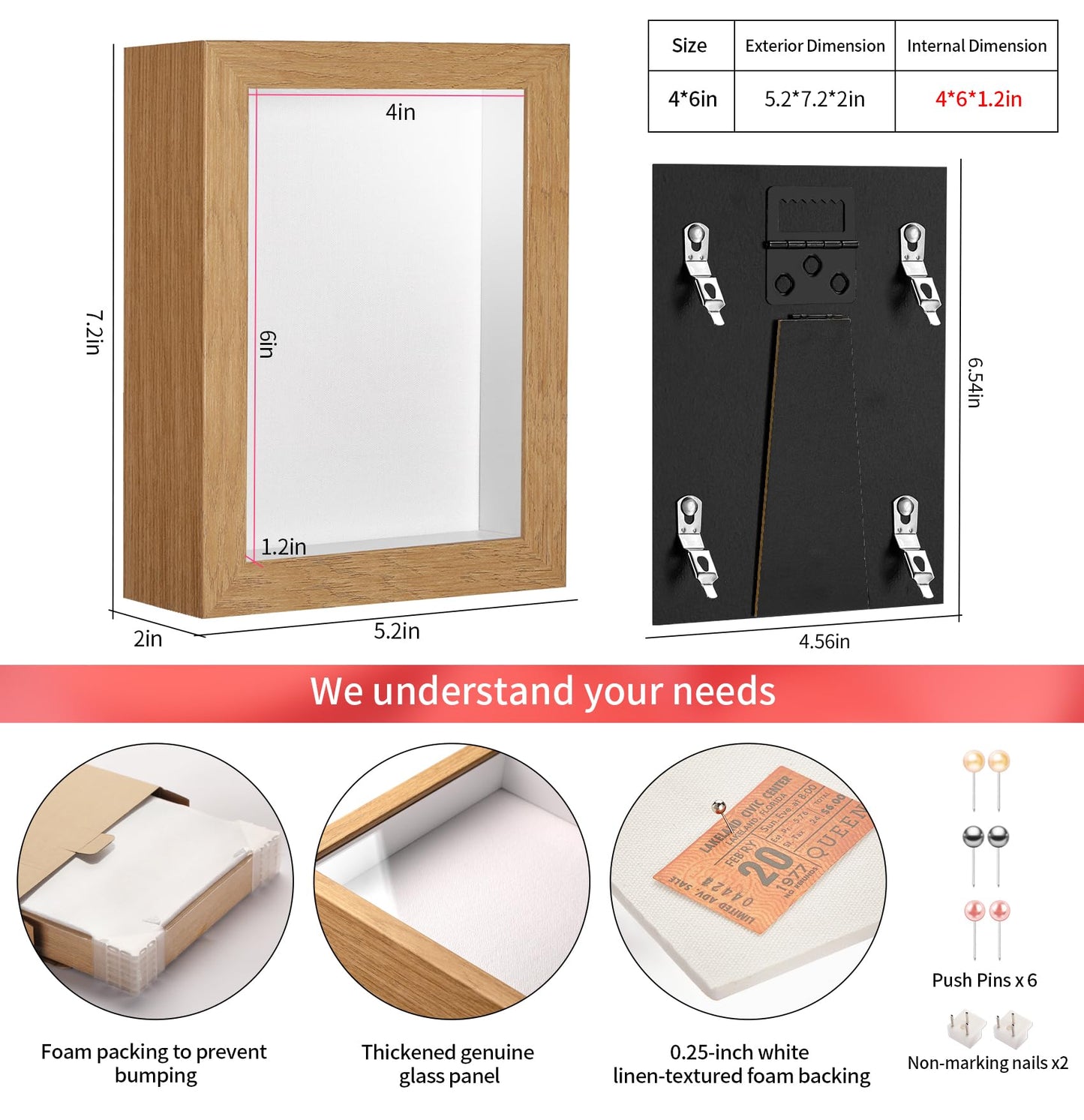 MUXIUNT 4x6 Shadow Box Picture Frame Display Case with Soft Linen Back-Real Glass,Small Mini Wood Color Deep Shadow Box Frame 4x6 for Insect Medal Display Pet Photo Memorial Flower Craft