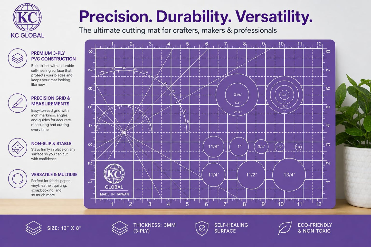 KC GLOBAL A4 (13"x9") Professional Grade Self-Healing Double-Sided PVC Cutting Mat (Purple) - Odor-Free, Eco-Friendly, Non-Slip, Premium Desk Mat for DIY, Crafting, Model Building and Art Projects