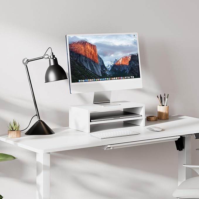 FITUEYES Monitor Stand - 2 Tier Computer Monitor Riser Shelf, Wood Desktop Stand for Laptop Computer Screen, Desk Organization, Office Supplies
