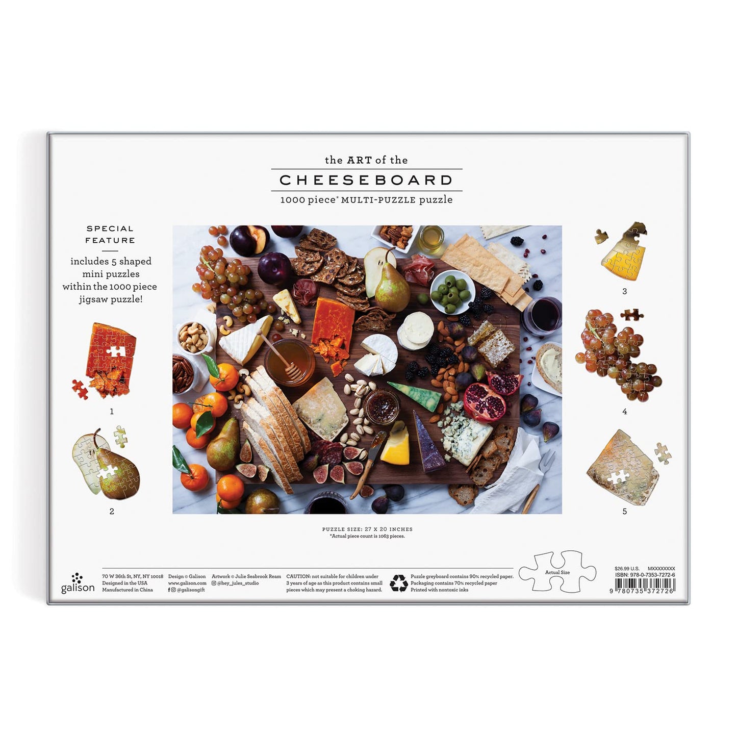Galison The Art of The Cheeseboard 1000 Piece Multi-Puzzle Jigsaw Puzzle - 5 Mini Shaped Puzzles Within, Beautiful Art by Julie Seabrook Ream, Thick and Sturdy Pieces, Fun and Challenging for Adults