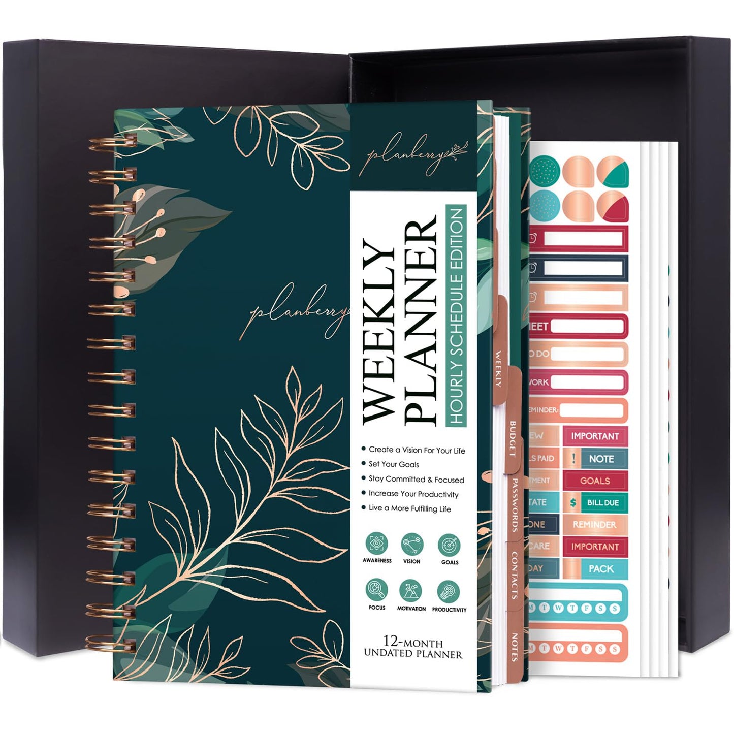 PLANBERRY Hourly Schedule Planner Premium – Undated Weekly Organizer with Time Slots & Monthly Budget – Time Management, Goal Setting, to-Do List & Habit Tracker –6.9″x8.5″(Green Pastures)