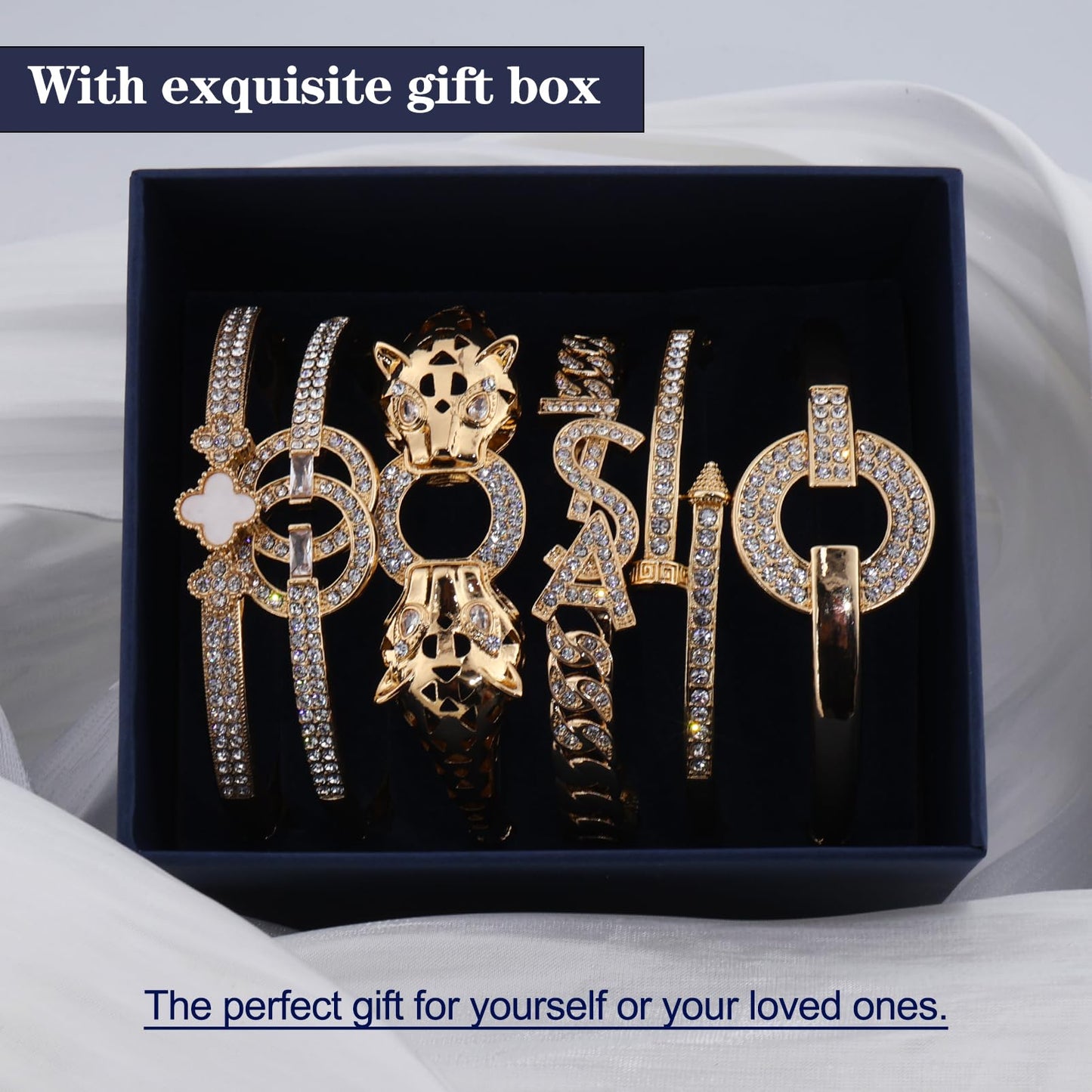 6PCS Gold Bangle Bracelet Set for Women, Light Luxury High-End Designer Style, Zinc Alloy with Cubic Zirconia, Stackable, Ideal Gift for Birthday Christmas Valentine's Day Mother's Day