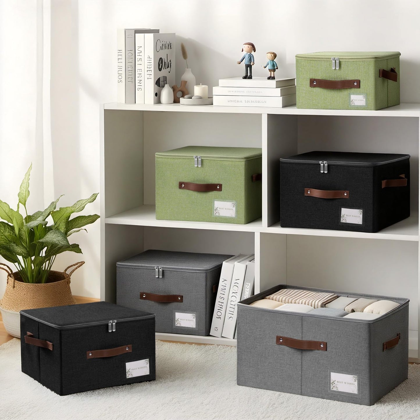 Lucky Monet 1PCS Storage Bins with Zipper Lids 15"x10"x10" Foldable Lidded Fabric Storage Boxes Baskets Cotton Linen Closet Shelf Clothes Organizer with Handles & Label Pocket (Green, Large)