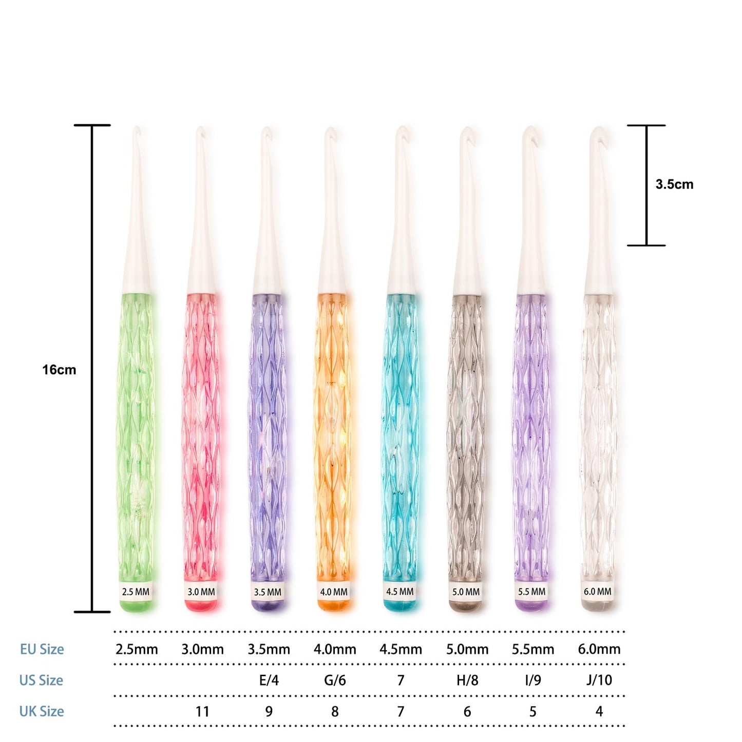 Ruidi 8 Pcs Crochet Hooks Set,High Quality Colored Crystal Handle Crochet Set，(2.5mm，3.0mm,3.5mm,4.0mm,4.5mm,5.0mm,5.5mm,6.0mm)