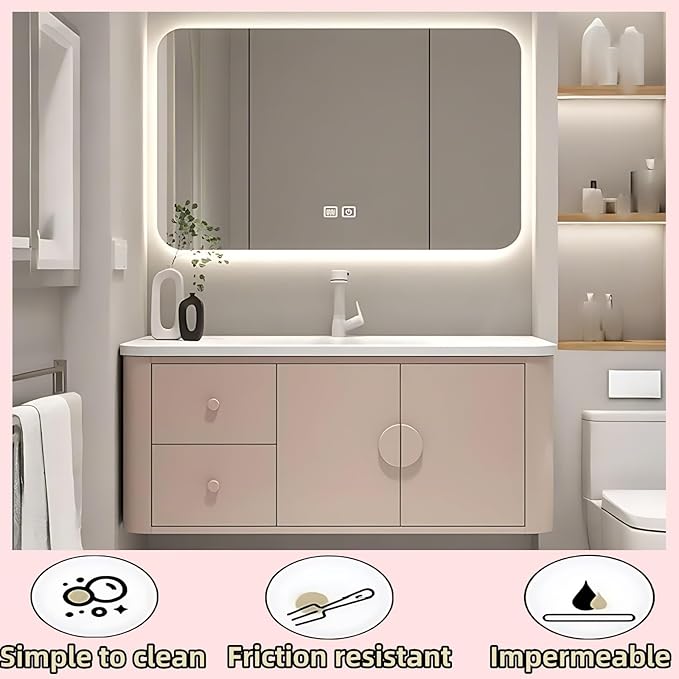 36IN Pink Modern Bathroom Vanity - Bathroom Vanities Set with 2 Drawers Wall Mounted | Rounded Corner Smart Defogging Mirror Cabinet with Lighting & Time Display, Side Opening Storage Shelf (Style A)
