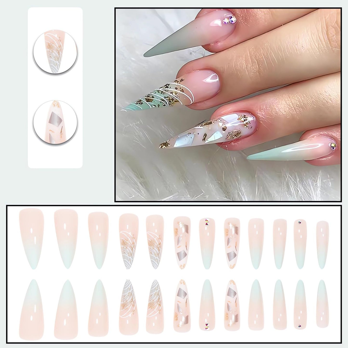 IMSOHOT Long Length Press on Nails Stiletto Green Gradient Fake Nails Glitter Gold Foil Full Cover Glue on Nails Almond Acrylic Nude False Nails with Rhinestone Designs 24Pcs for Women