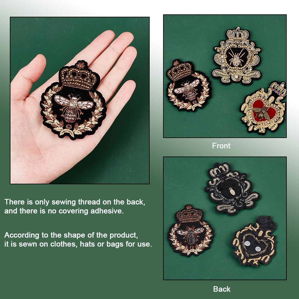 AHANDMAKER 6pcs Crown Bee Badge Embroidered Applique Patch, 3 Style Embroidered Badge Patch Sew On Patches DIY Decorative Applique Patches for Dress Jeans Jackets Handbag Clothing