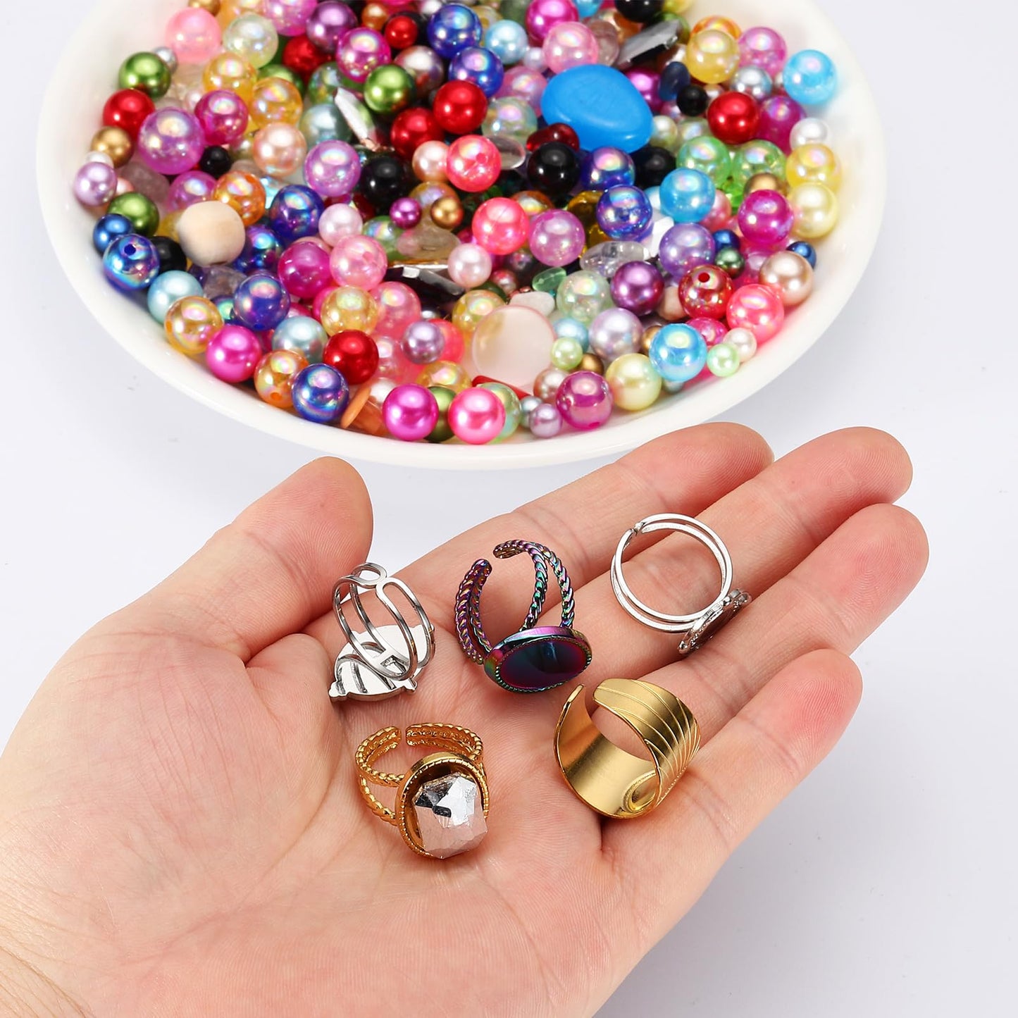 MECCANIXITY 4Pcs Stainless Steel Ring Base Blank, 16x12mm Adjustable Pad Cabochon Ring Blank Base Flat Bezel Tray for Jewelry Making Finding DIY, Rainbow