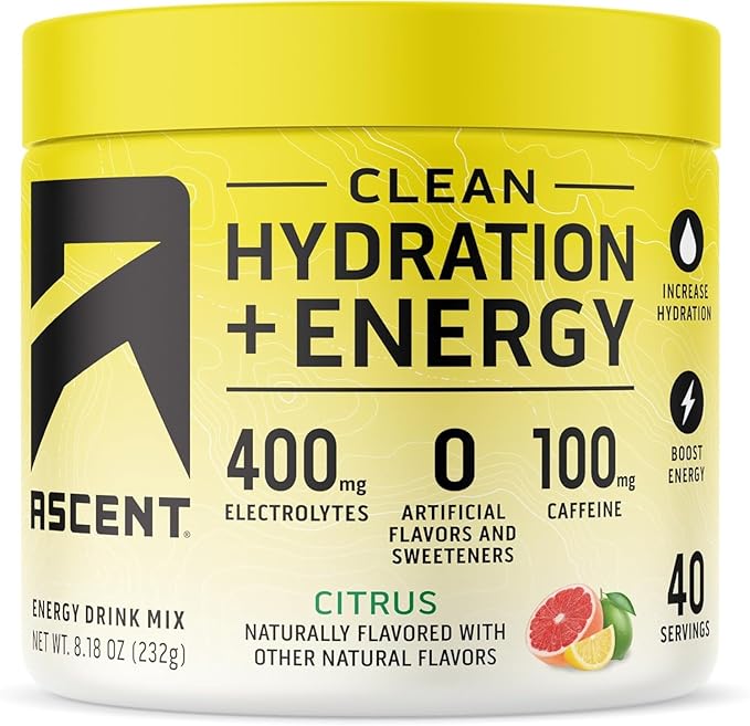 Ascent Clean Hydration + Energy Electrolytes Powder - 100mg Caffeine, 400mg Electrolytes, No Artificial Ingredients, Citrus 40 Servings