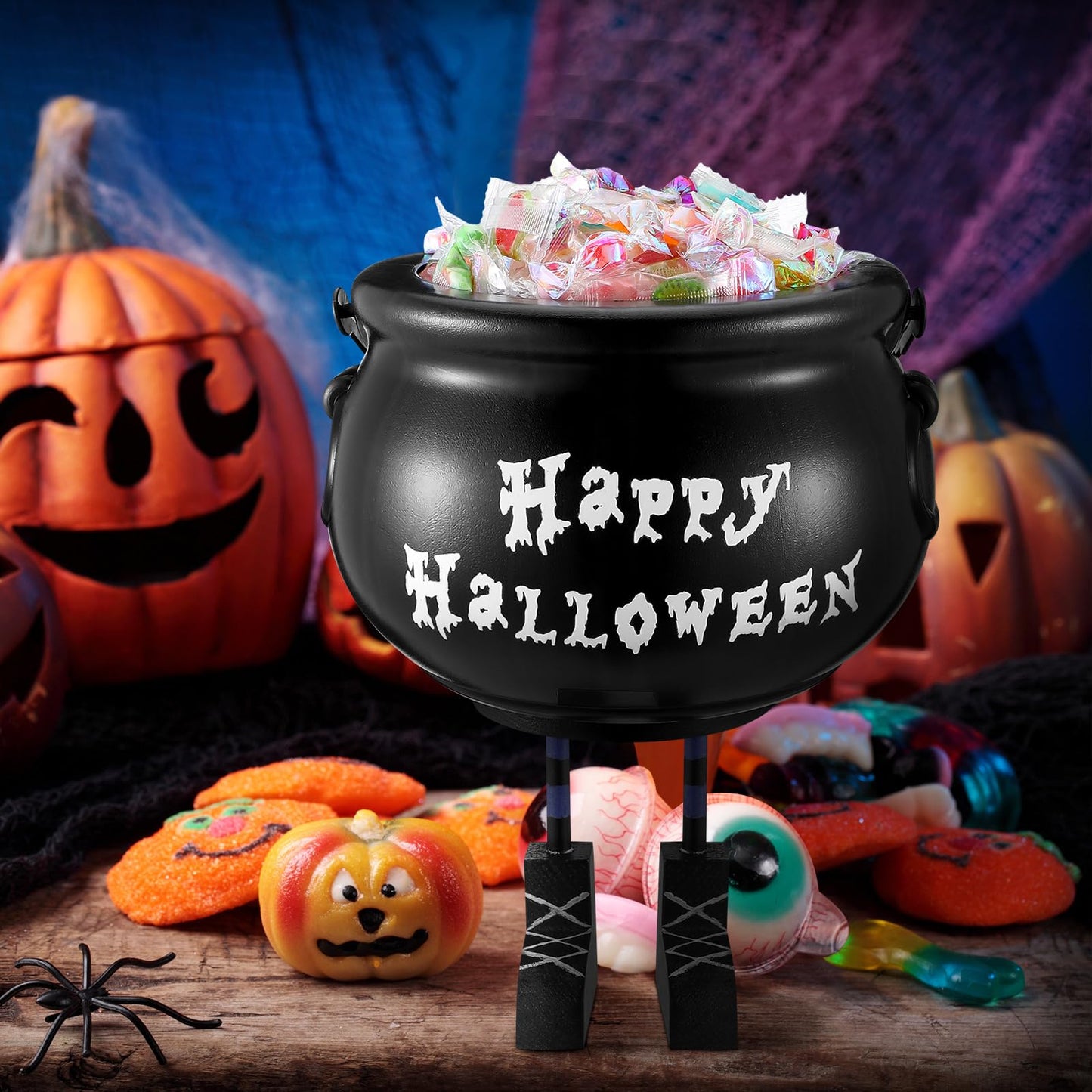 Shappy Halloween Decorations Cauldron Candy Bowl 8 Inch Plastic Black Witches Legs Candy Dish Bucket for Halloween Decor with Stickers Kitchen Trick or Treat Party Supplies Home Indoor Decor