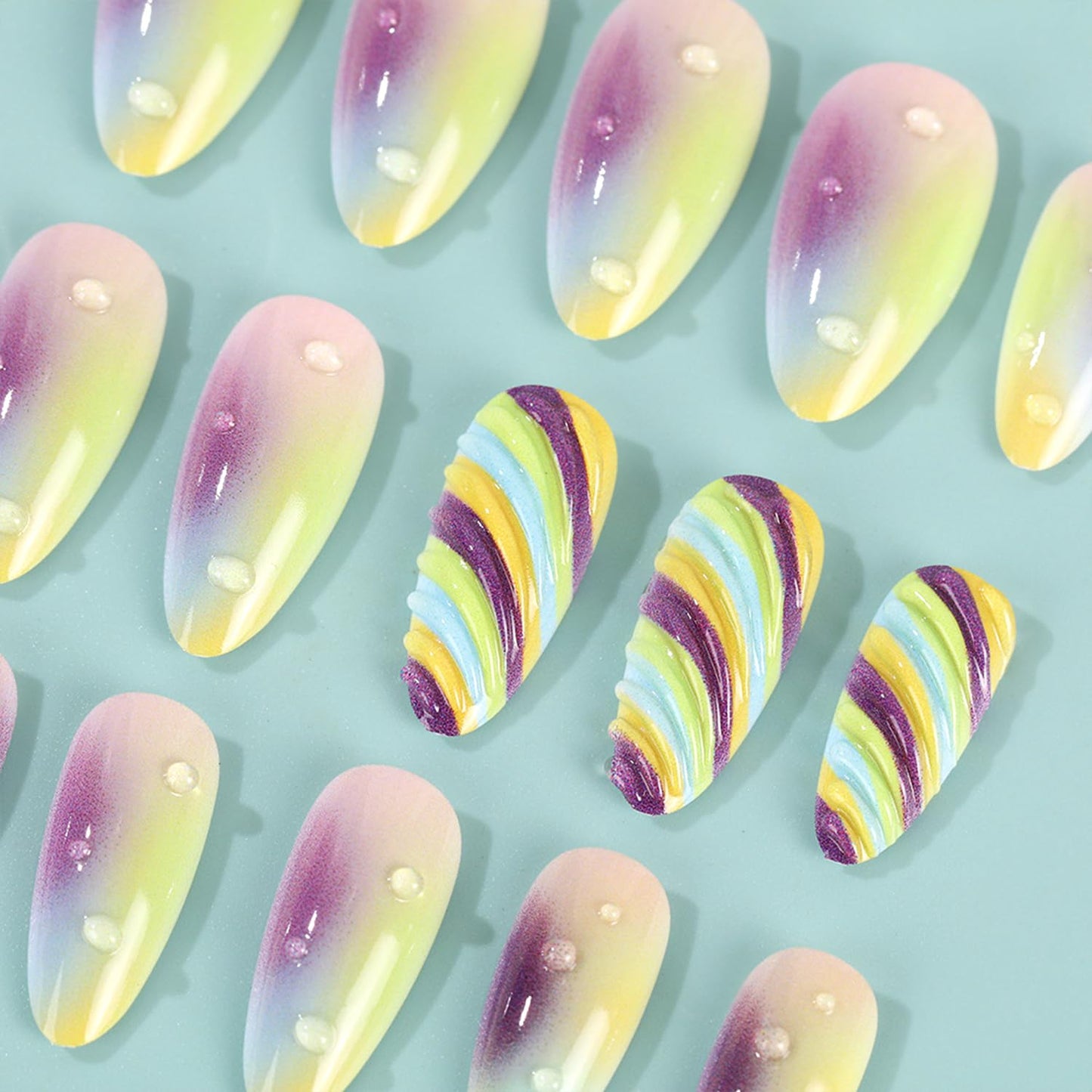 3D Colorful Stripe Press on Nails Medium Almond Gradient Fake Nails Glossy Full Cover Acrylic Glue on Nail for Women